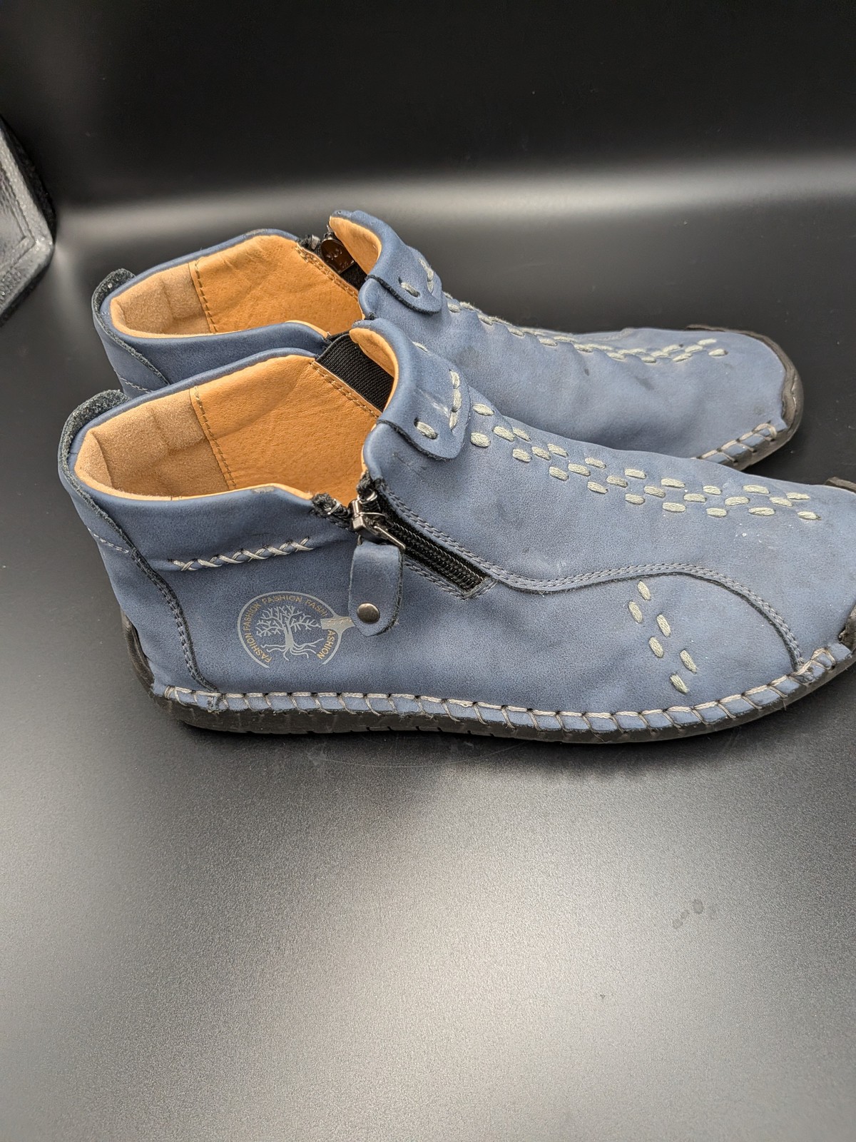 Women’s Vintage Blue Faux Leather Hand-Stitched Ankle Boots Zipper Shoes Size 8