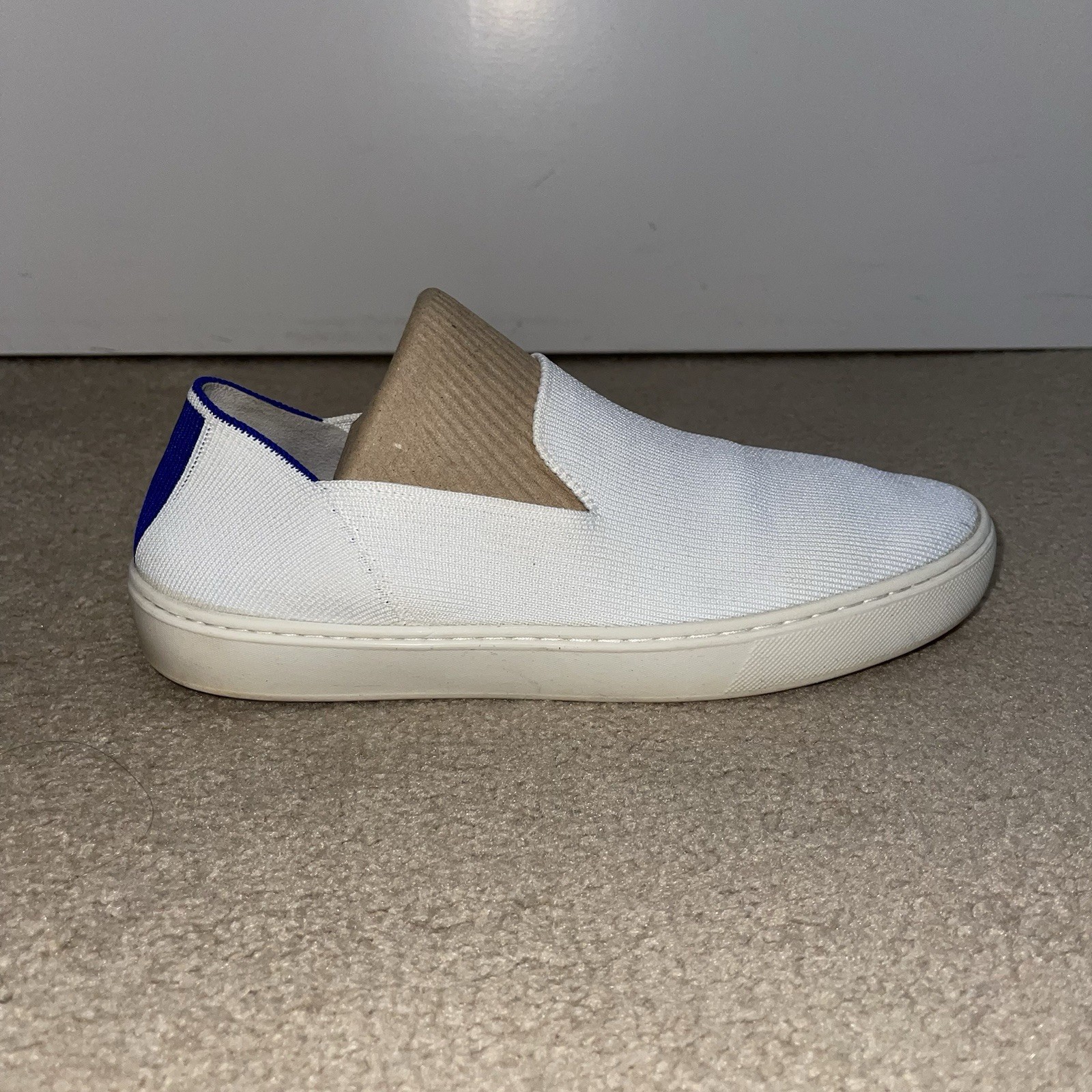 Rothy’s White Slip On Sneakers Blue Stripe Knit Sustainable Size 8.5