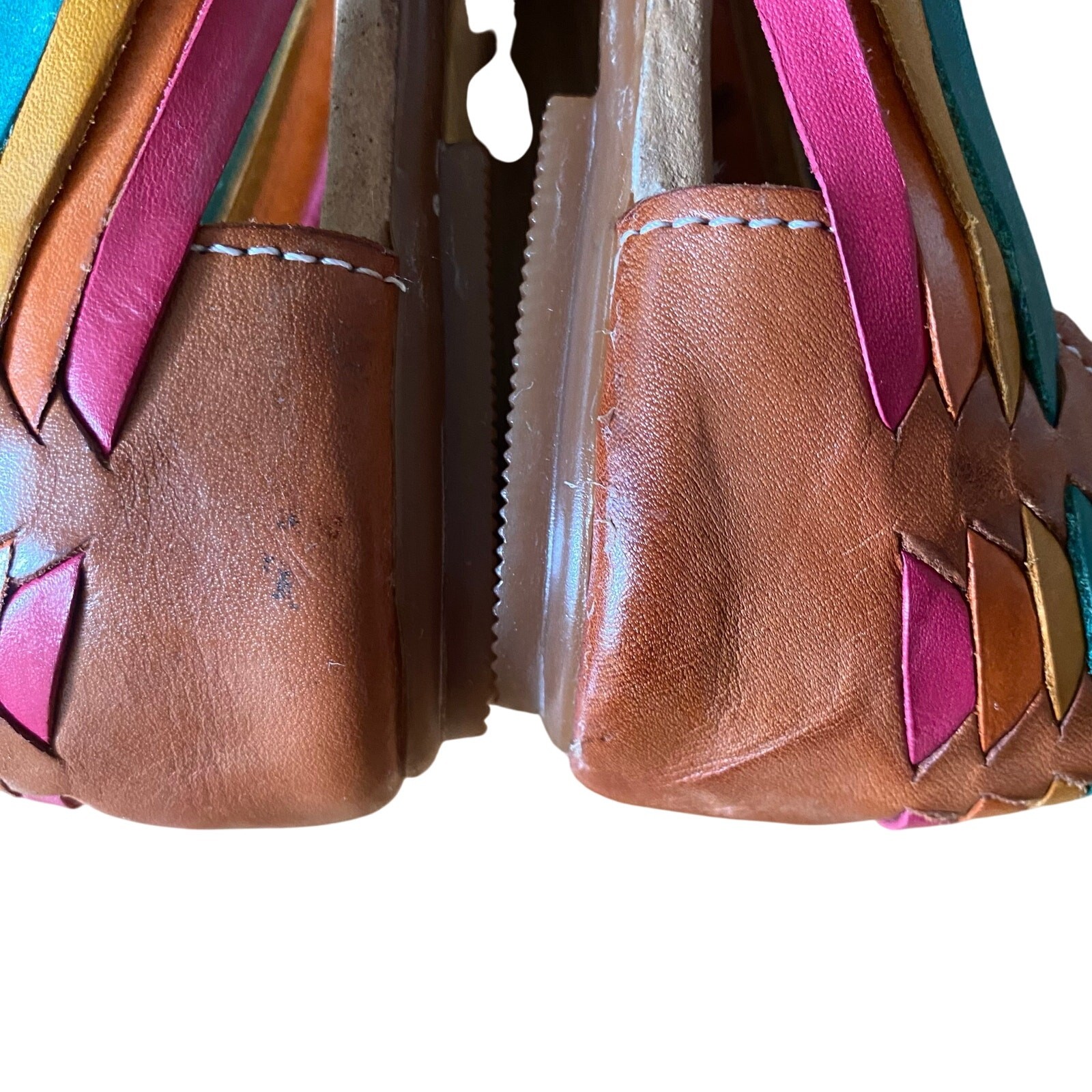 Women’s Slip On Sandal, Leather, 6.5, Tan/Multi colors, Made in Mexico, Size 6.5