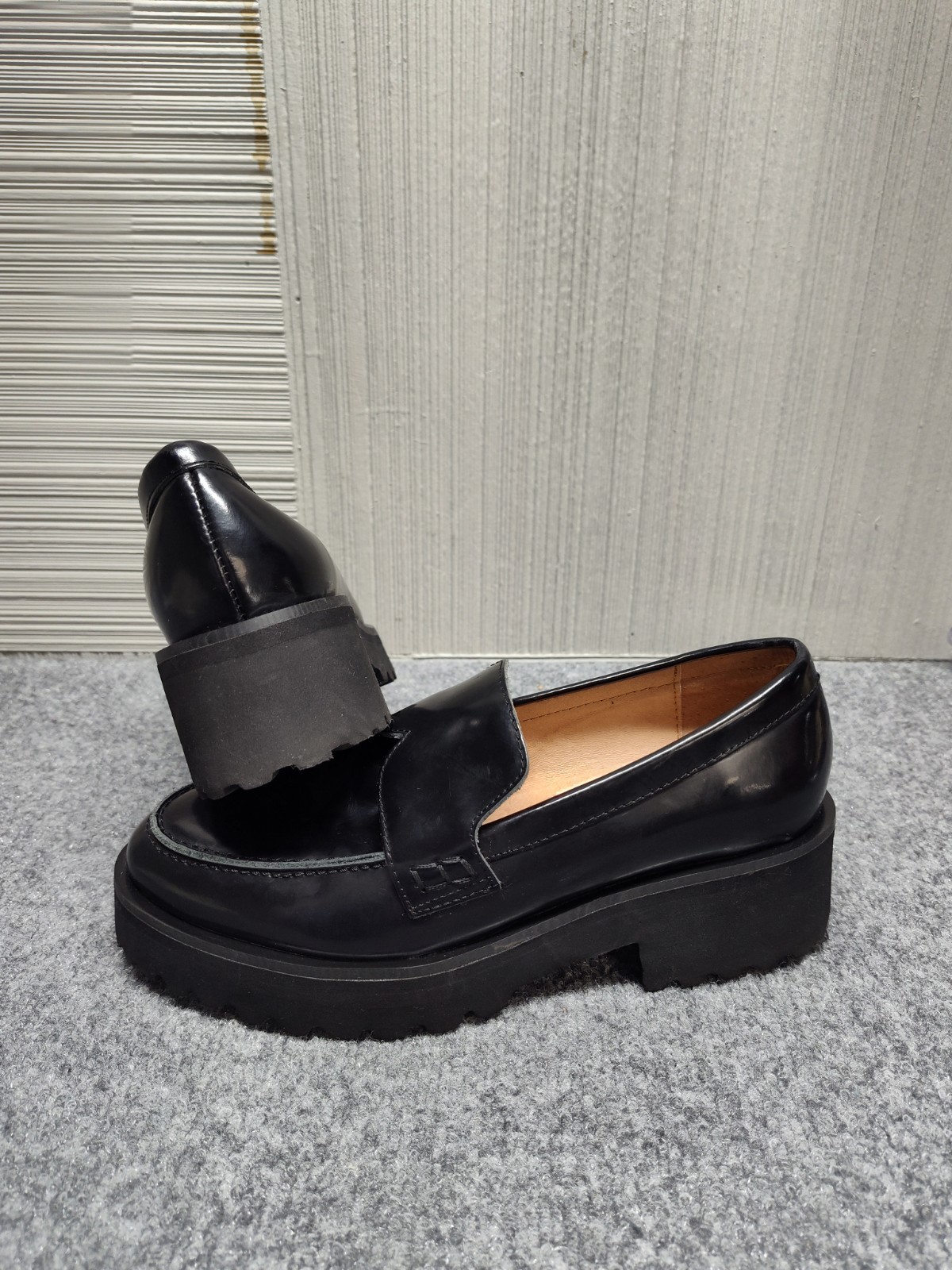 ALL BLACK Women Loafer 37 US 6 Black Patent Leather Slip On Chunky Platform Shoe