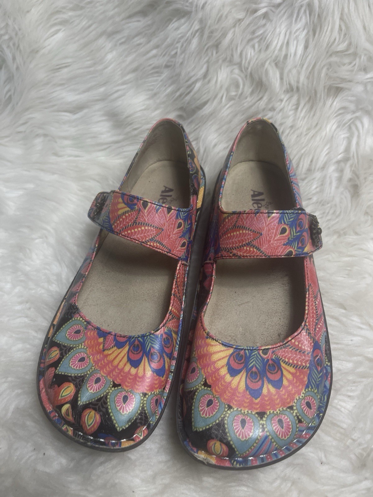 Alegria Paloma Mary Jane leather in Pink & Multicolor Peacock Print EUR SZ40