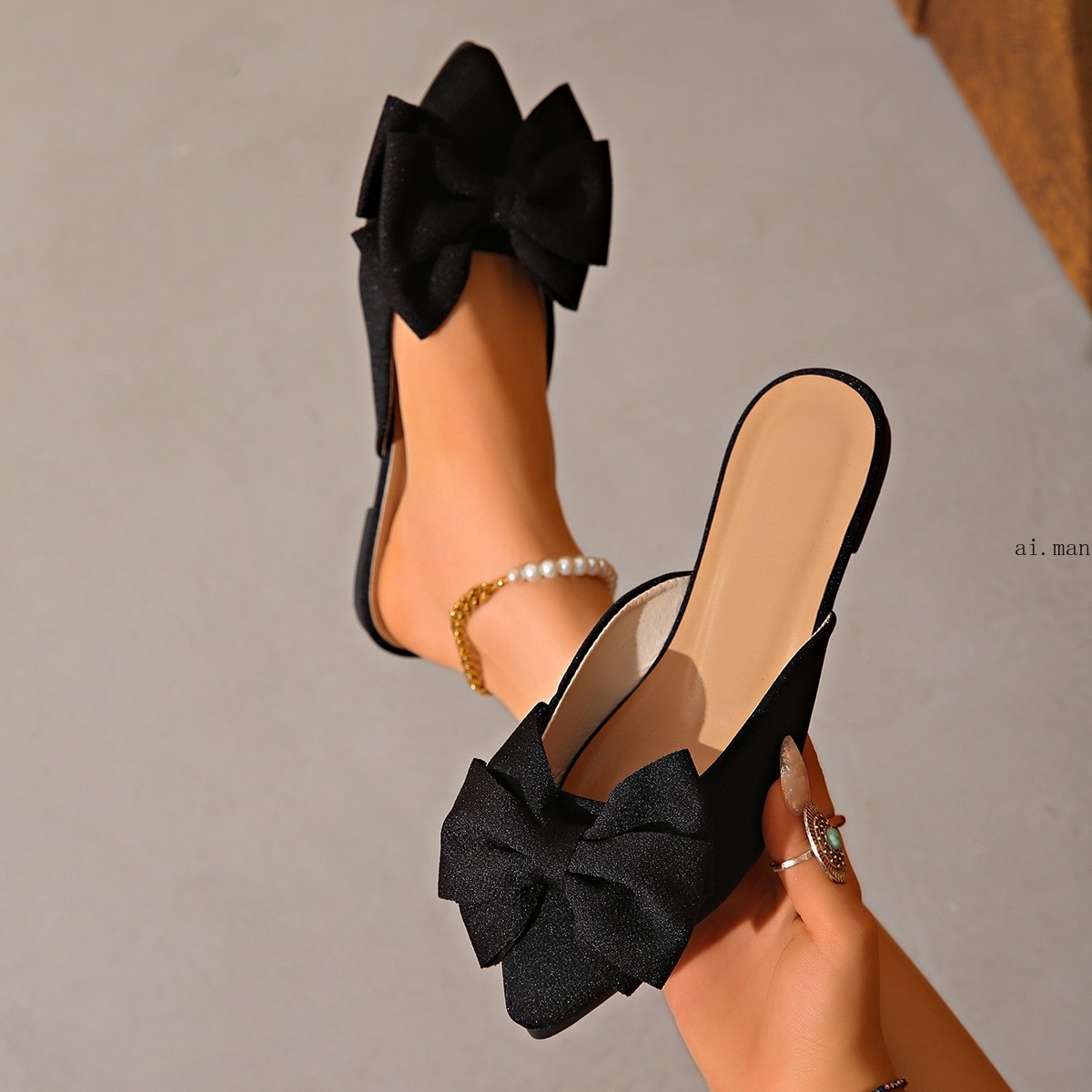 Women’s Slip On Comfort Pointed Toe Mules Bowknot Decor Slingback Casual Shoes