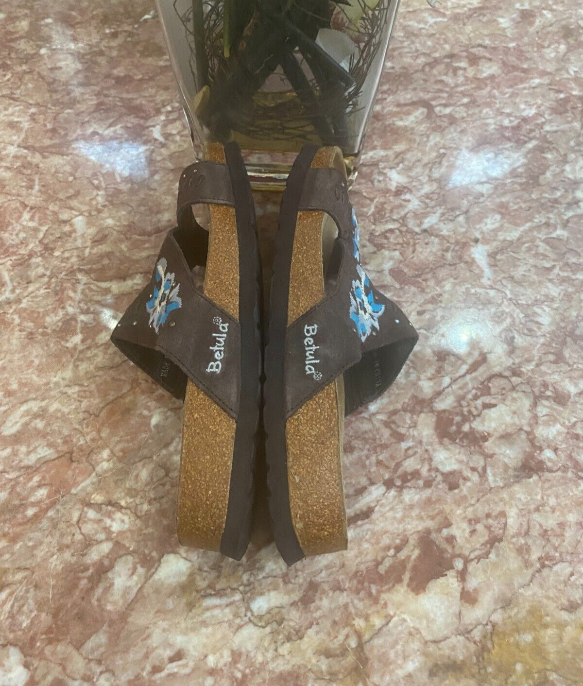 Betula by Birkenstock Zara Brown Embroidered Floral Sandals Size 8 EUC!