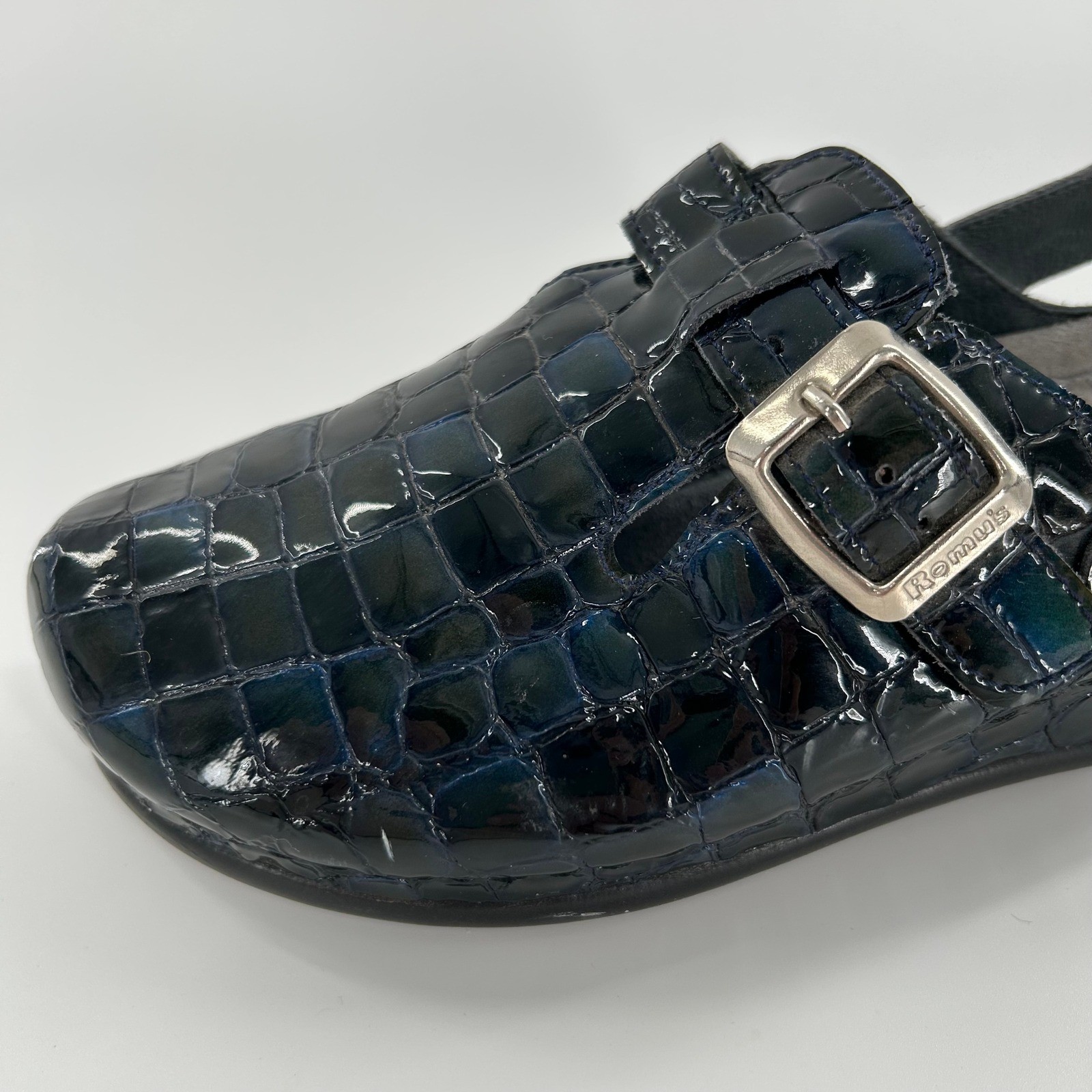 90’s Helle by Romu’s Patent Crocodile Print Slingback Clogs Mules Shoes Size 36