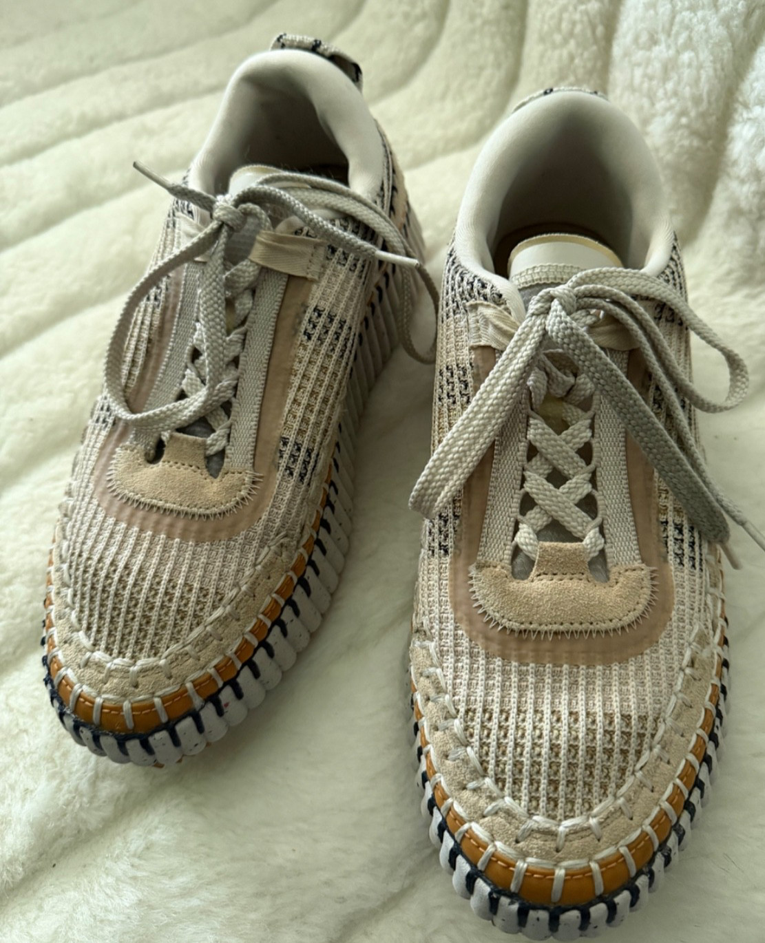 Chloé Nama Whipstitch Platform Sneakers SIZE 9 (39EU) Beige/Brown/ White/Black