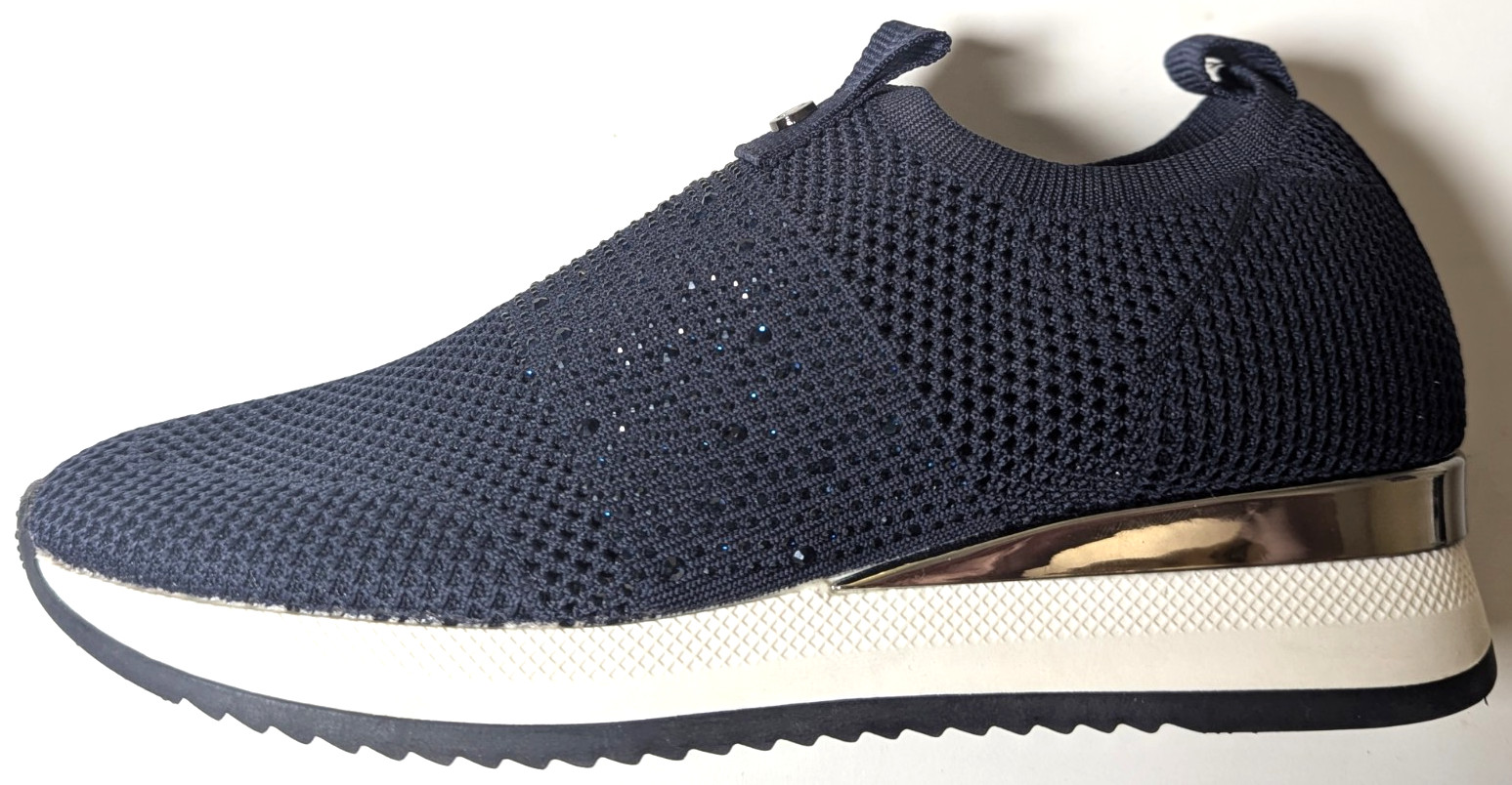 Carvela Janeiro Navy Blue Knit Wedge Sneakers Rhinestone Slip On EU 39 US 8.5
