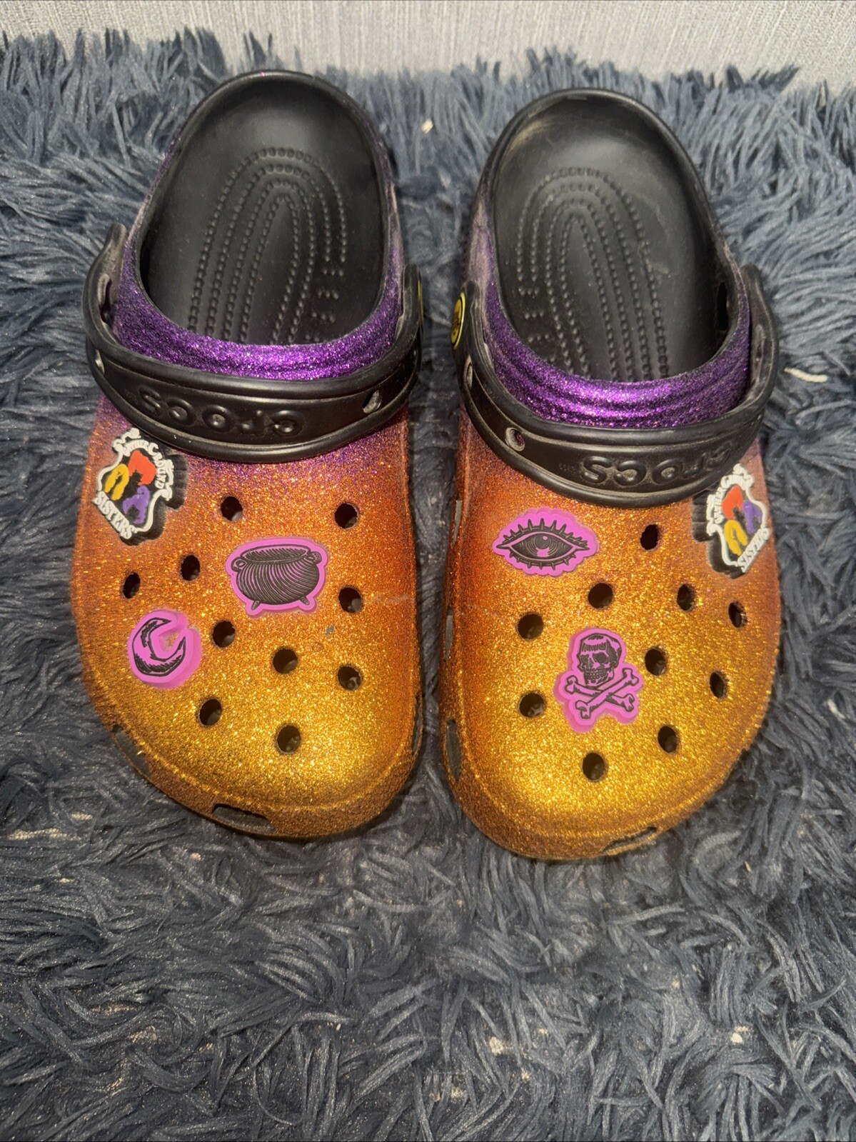 Hocus Pocus Crocs W6 M4 Glitter Halloween Clogs Orange Purple Spooky Sandals