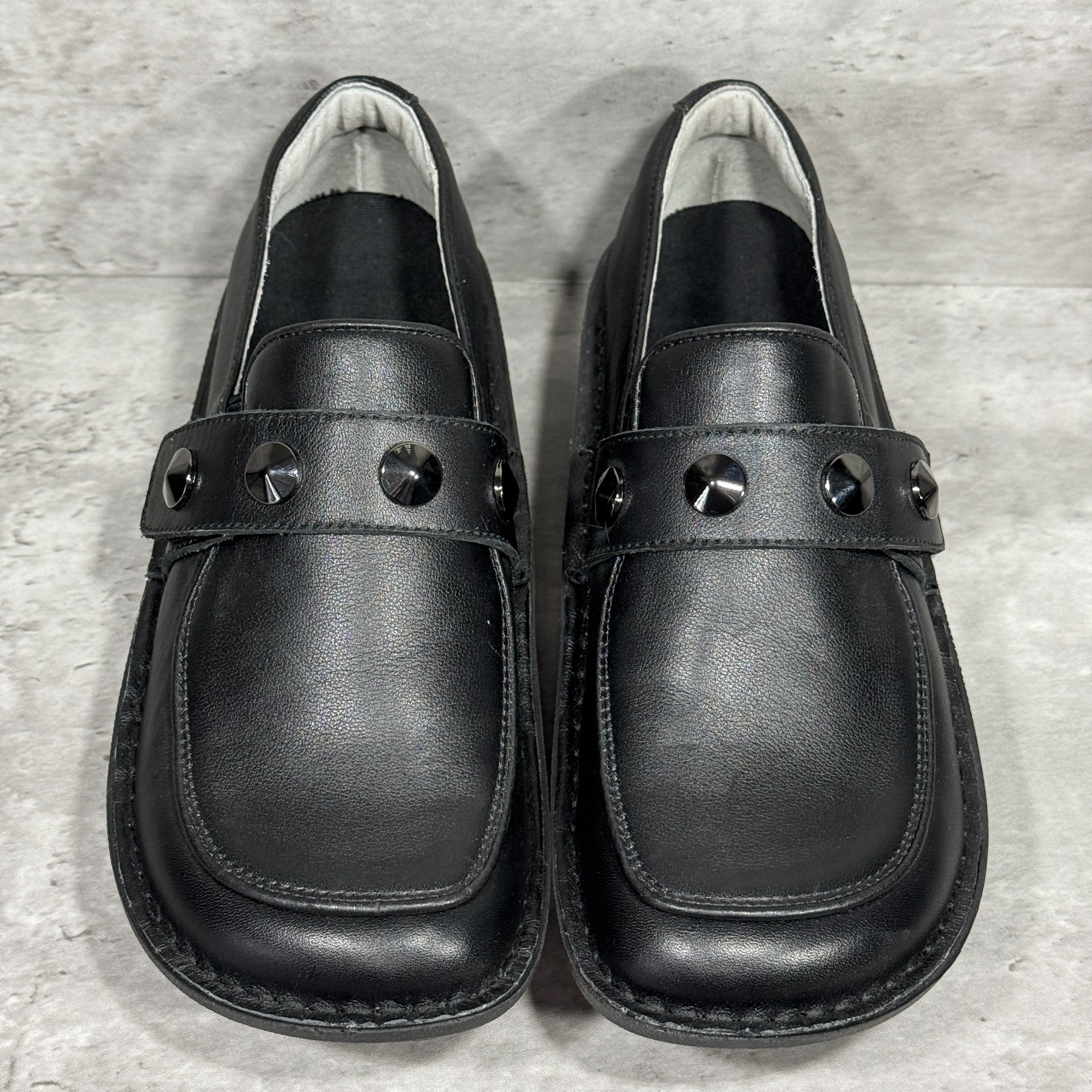 Alegria Ericka Black Leather Studded Strap Hook & Loop Wedge Shoes Women’s 8-8.5