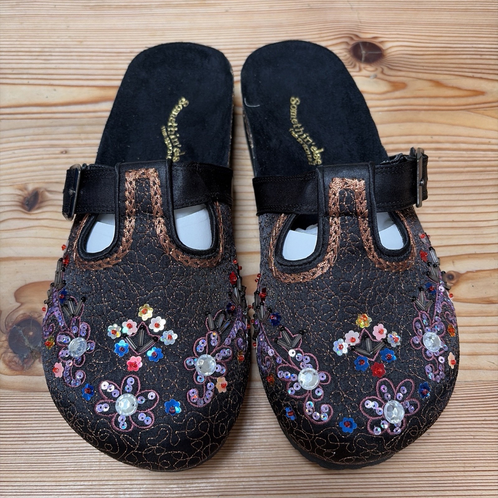 New Y2K Skechers Satin Clogs Beaded Embroidered Slide Shoe Comfort Sz 8 Black
