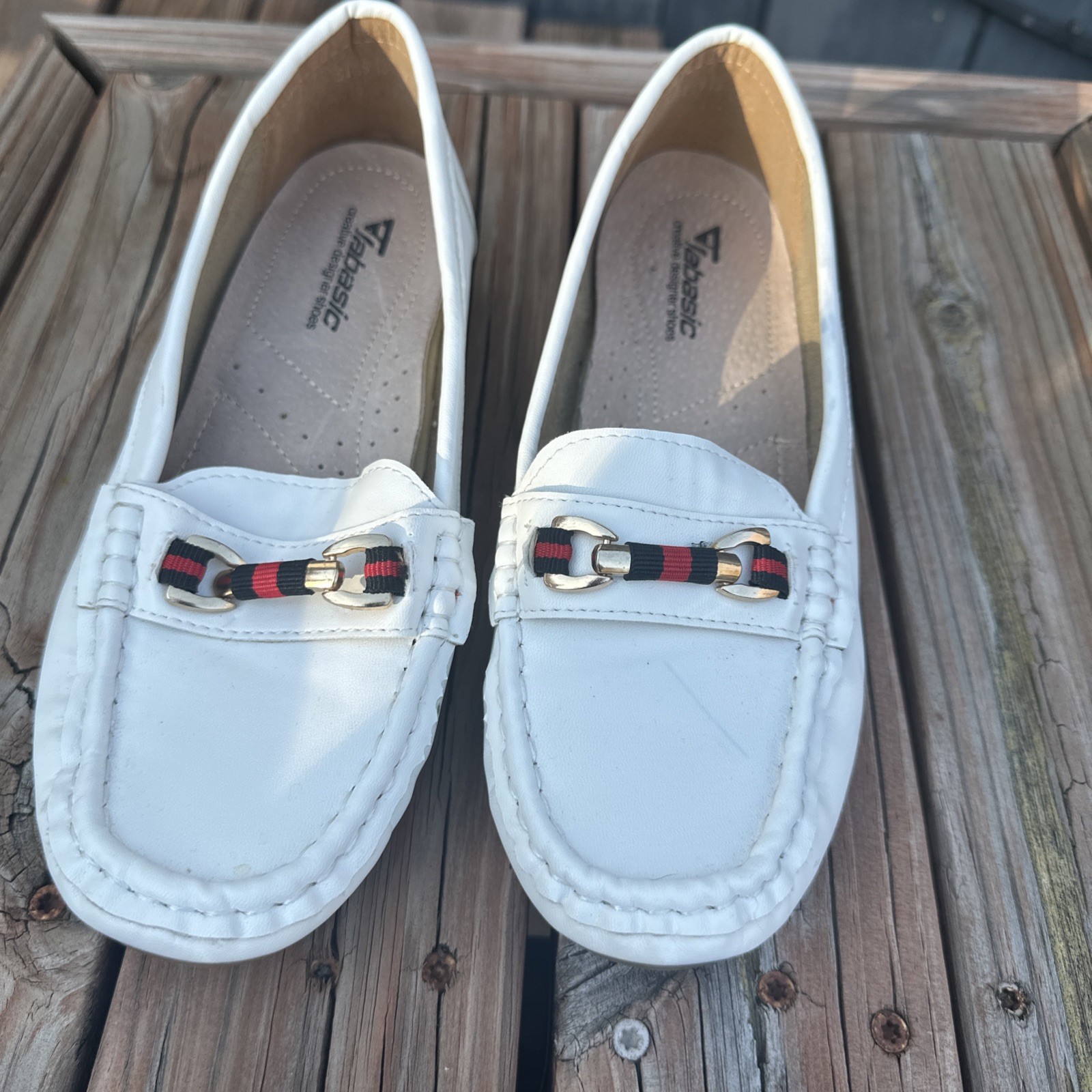 Labasic White Loafers With Red And Navy Metallic Detail Women’s Size 7.5