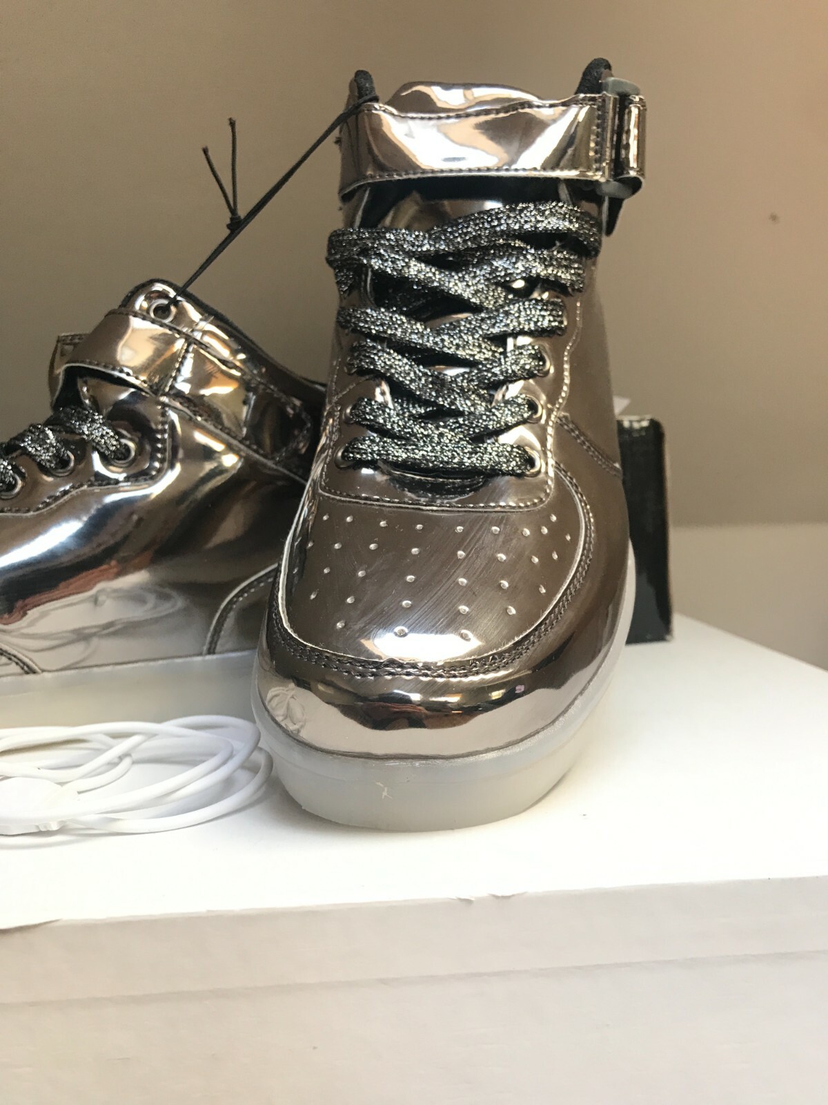 Mid Top Lace Up metallic Silver Black Casual Sneaker w USB chargeable Led lights