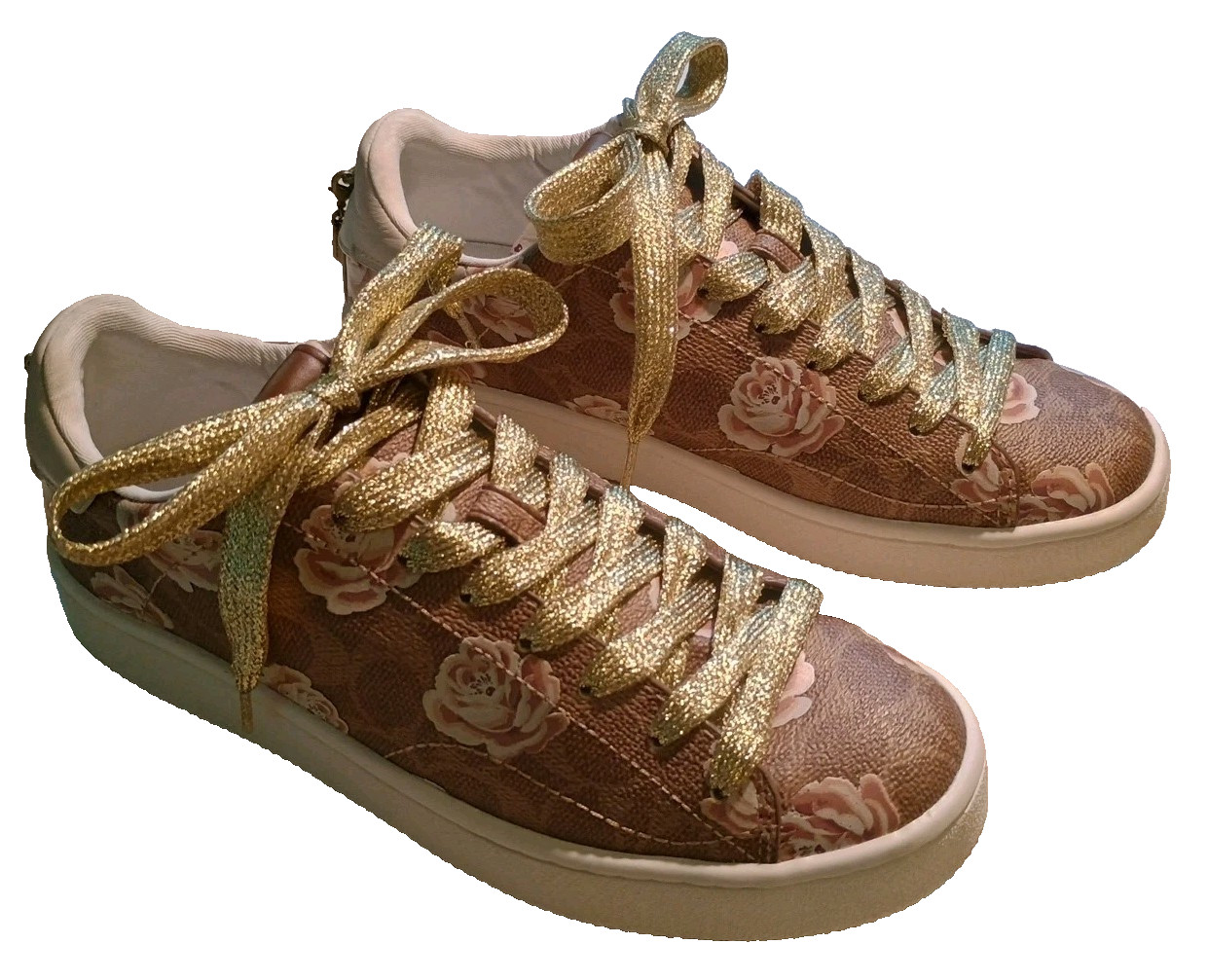 Coach Signature C Rose Print Glitter Gold Laces Sneakers w charms Size sz 8 New