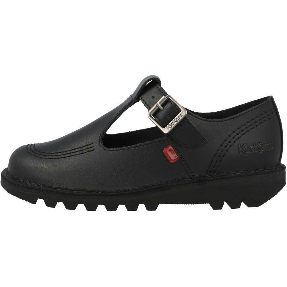 Kickers Kick T-Bar Black Leather Shoes School T-Bar Style with Chunky Sole