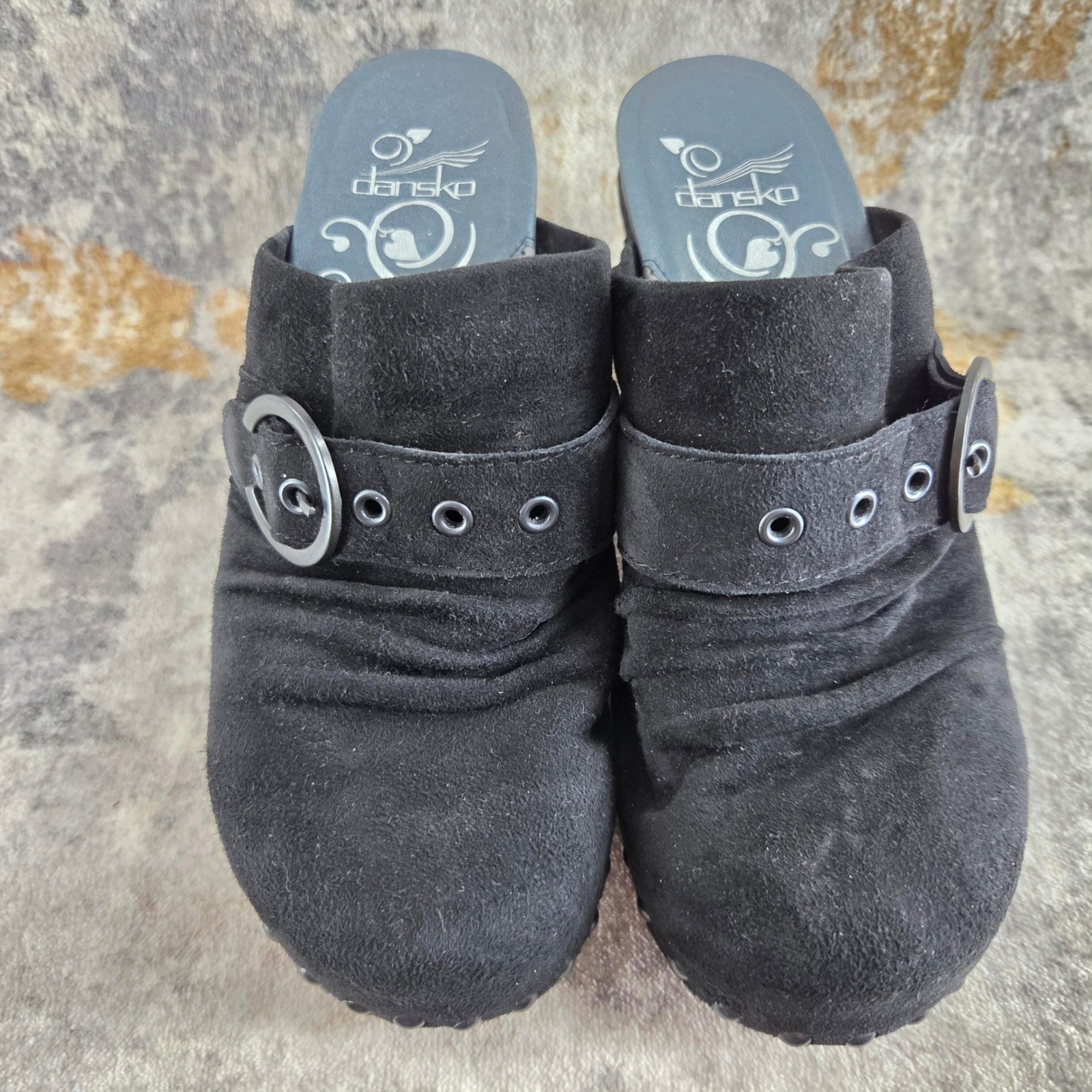 Dansko Black Suede Studded Clog Mules Womens EU 36 Buckle Strap Heels Boho