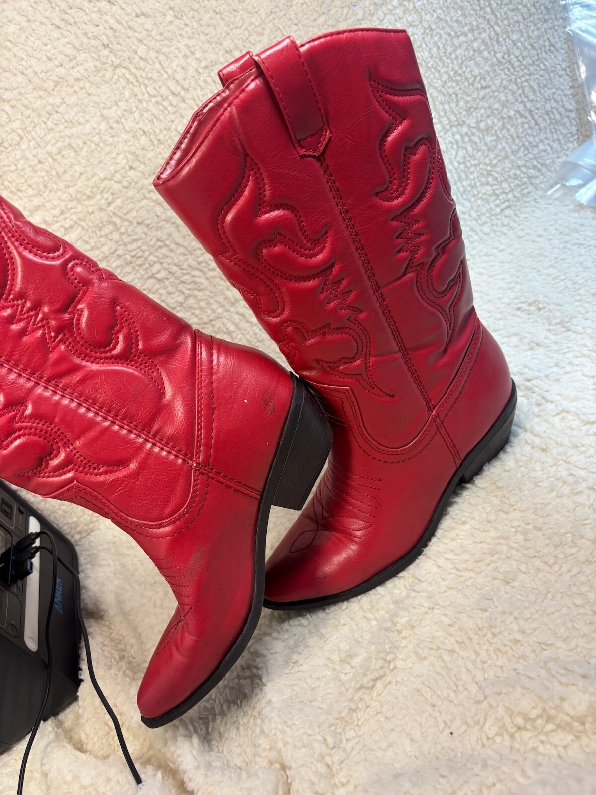Red Faux Leather Western Cowboy Boots Size 7.5 Embroidered Knee High Y2K
