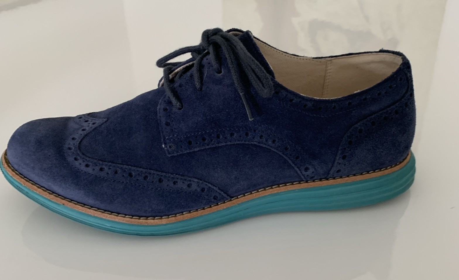 Cole Haan Womens Lunargrand Oxfords Size 8B Blue Suede Wingtip Shoes w/box