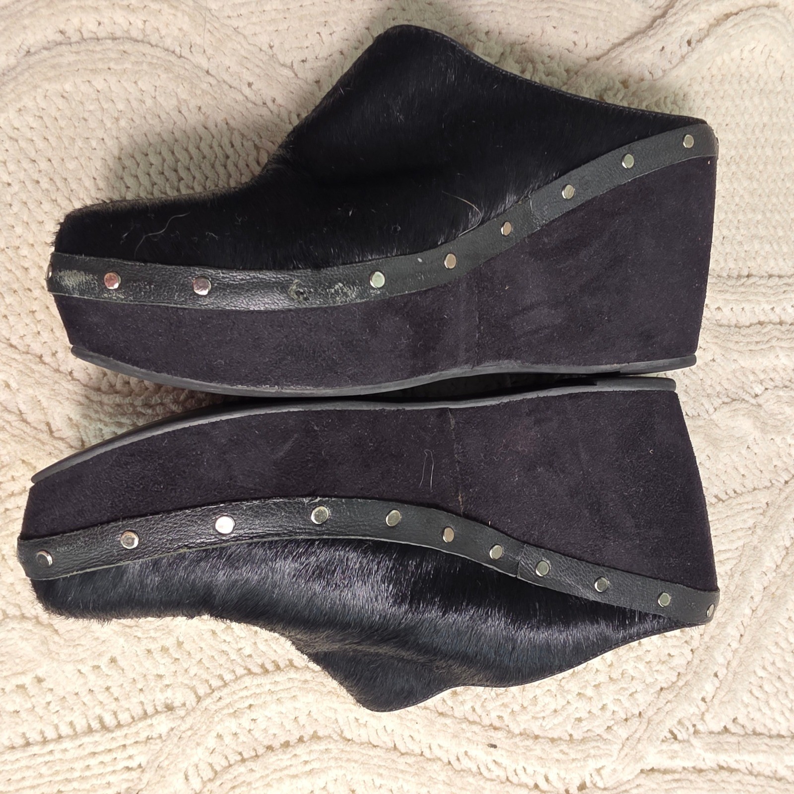 Antelope Clogs Mules Pony Hair Black Studded Leather Wedge Women 39 8 8.5