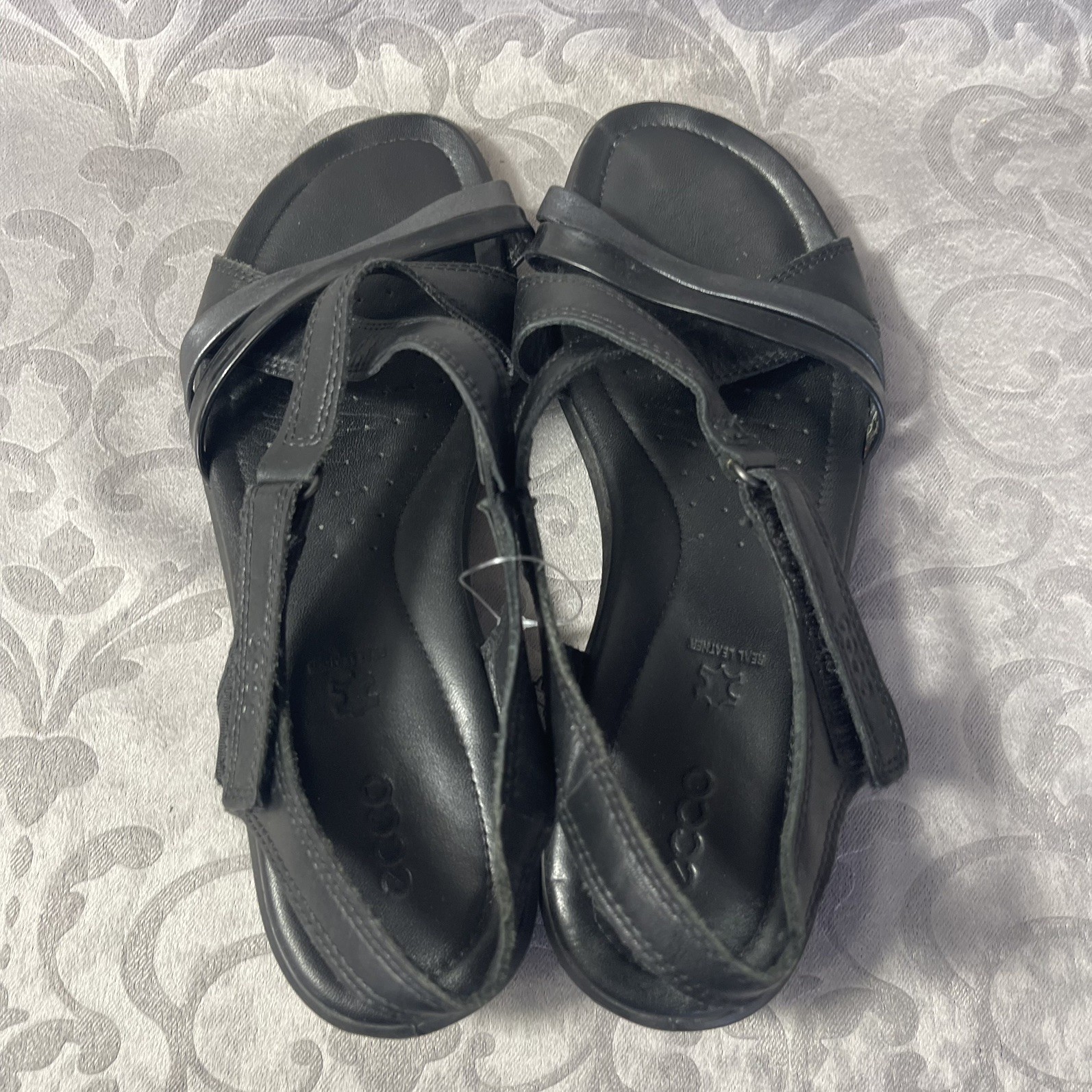 Ecco Black Leather Hoop & Loop Lightweight Strappy Sandals Sz 7.5