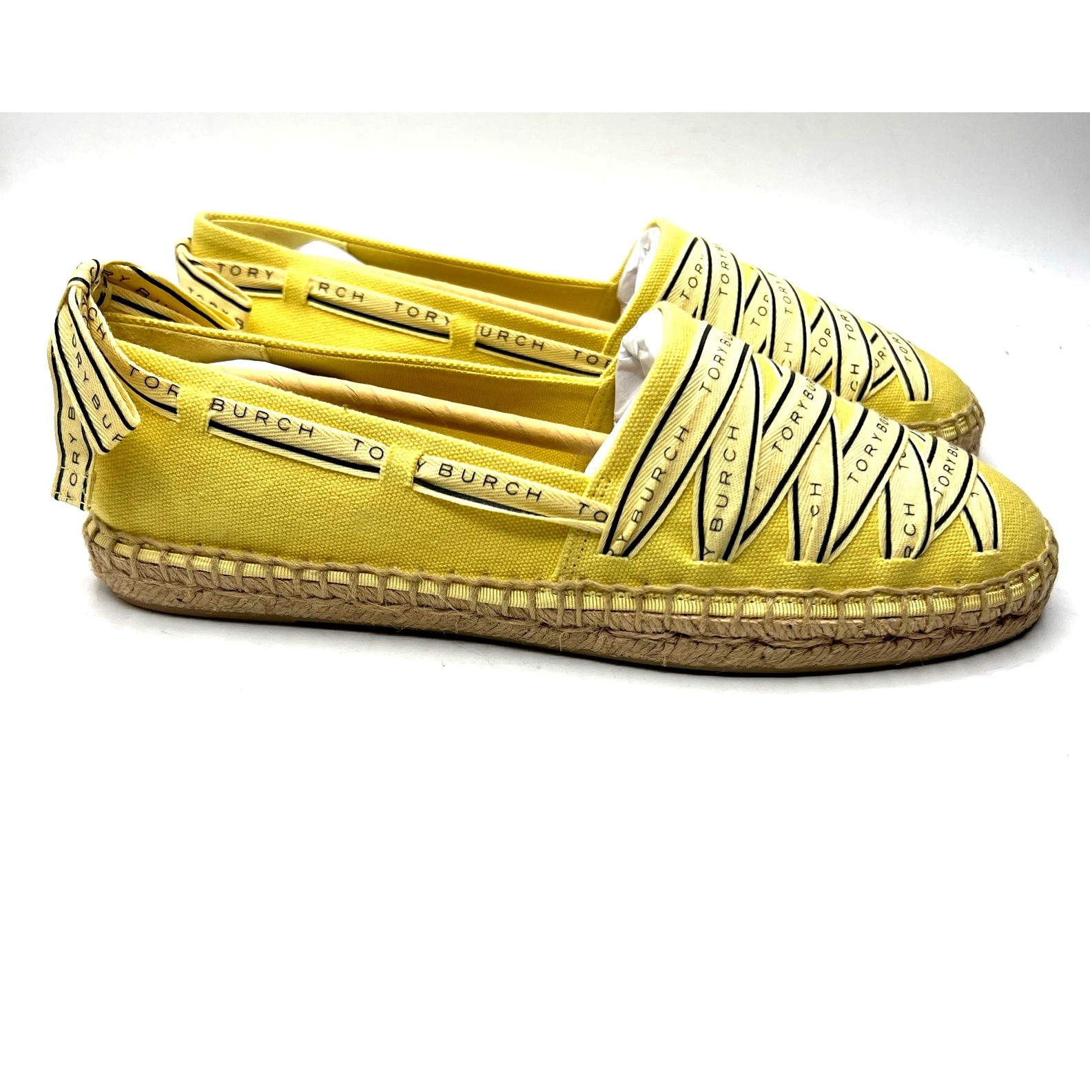 Tory Burch Tory Ribbon Espadrille Blonde Straw Dark Seaweed Yellow Size 9 NEW