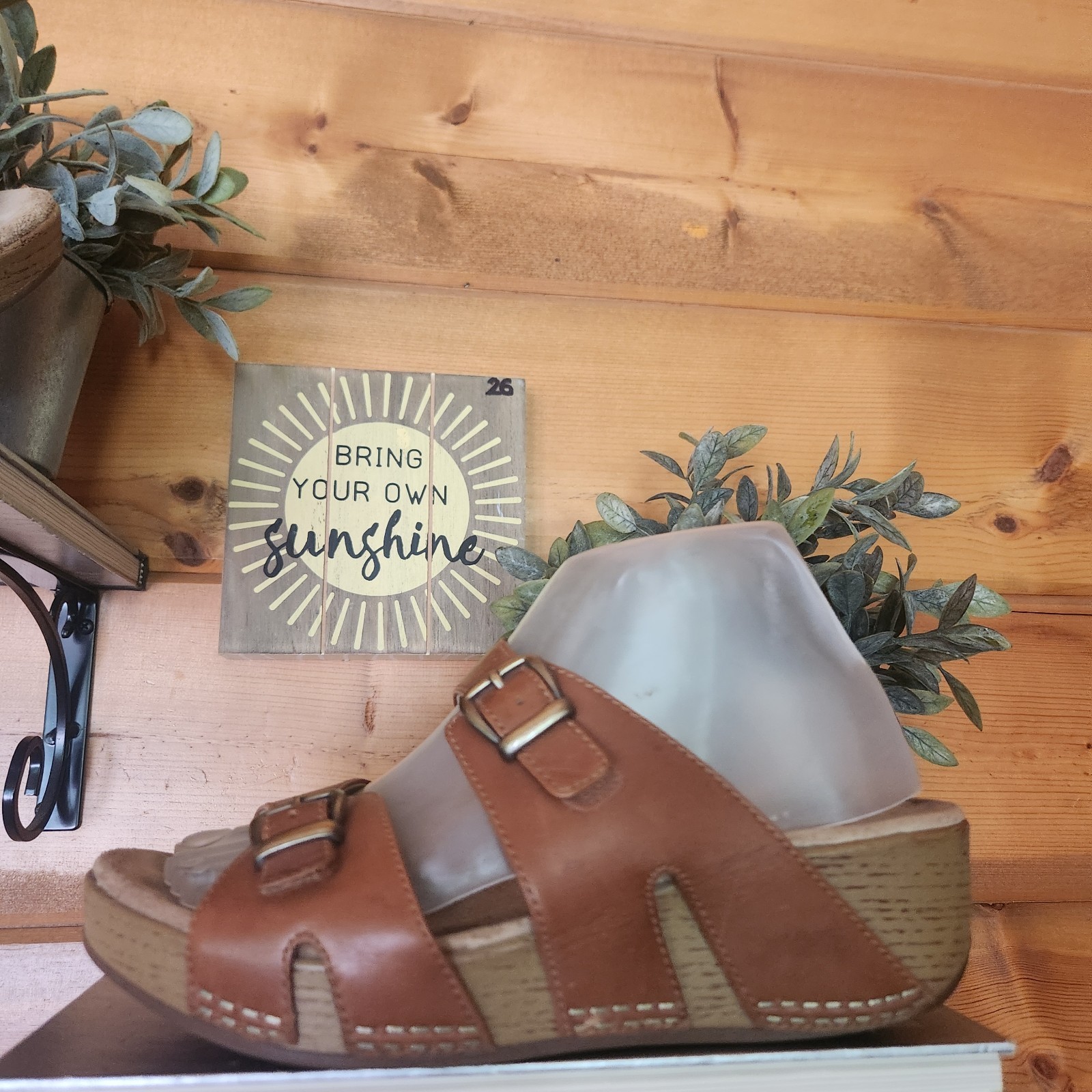 Dansko Leeann Chestnut Leather Adjustable Slide Comfort Wedge Heel Sandal Sz 39