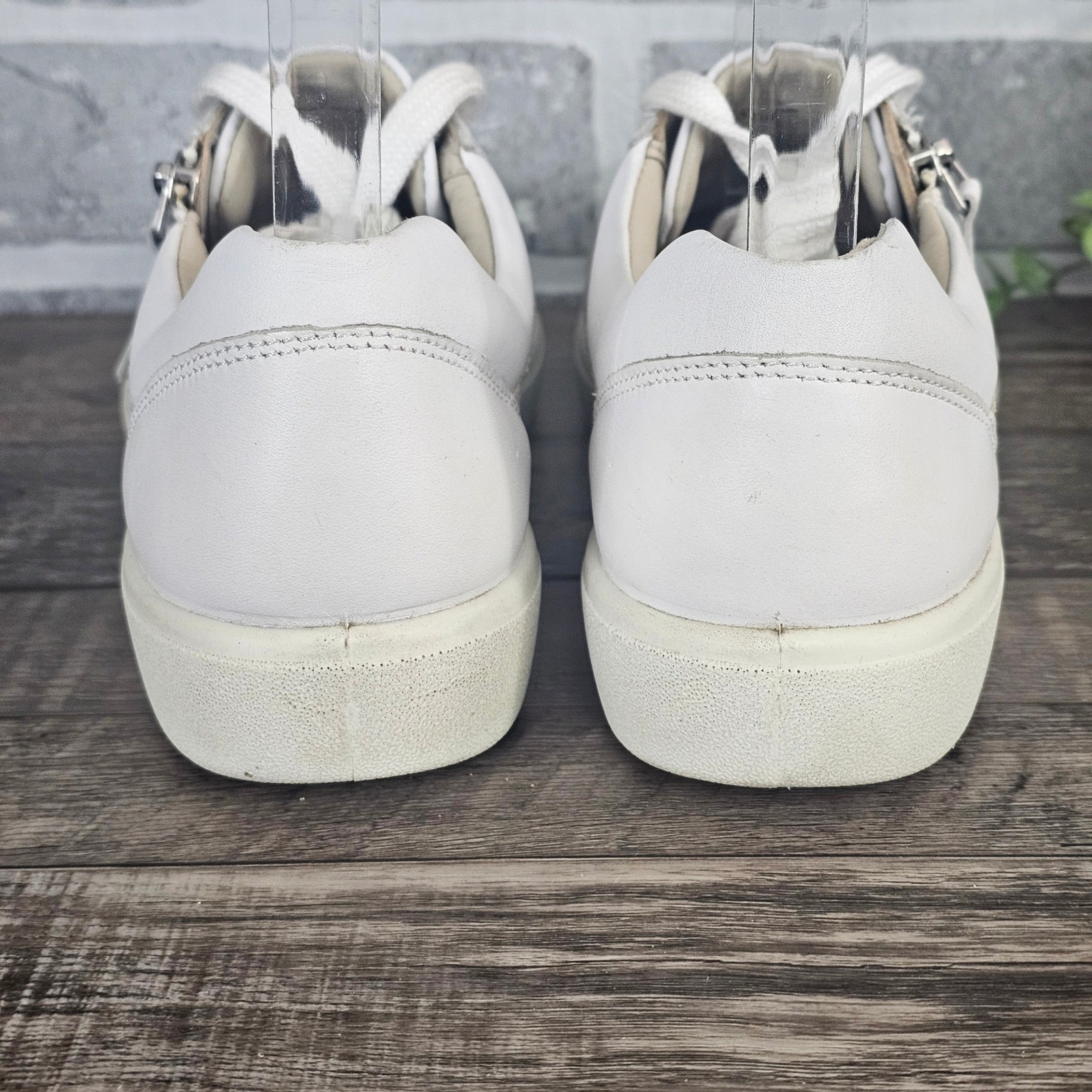 Hotter Chase Metallic Leather Sneakers White Beige Side Zip Comfort Women 8