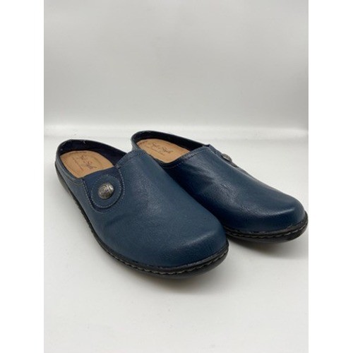 Soft Style Hush Puppies Mules Womens 9 Wide Blue Leather Button Slip On Clogs