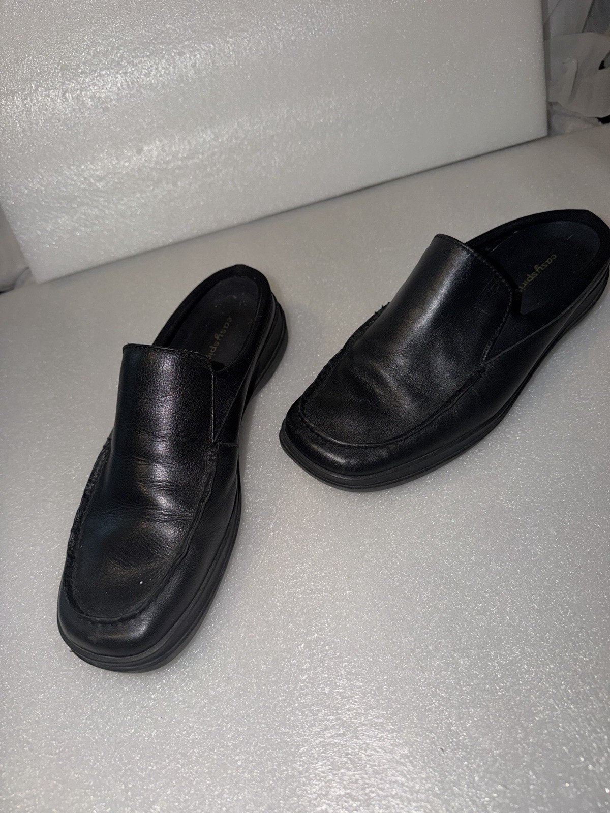 Easy Spirit Women’s Black Leather Slip-On Mule Shoes, Square Toe, Size 6