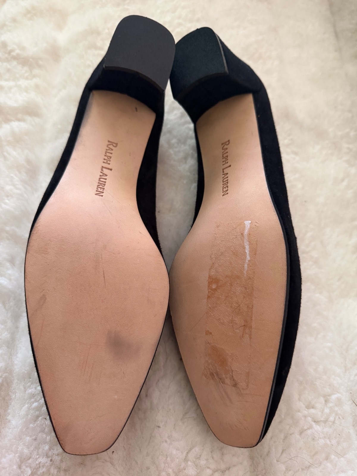 RALPH LAURED SIZE 6.5 Black Suede Covered Block Heel JADA Slip On Almond Toe