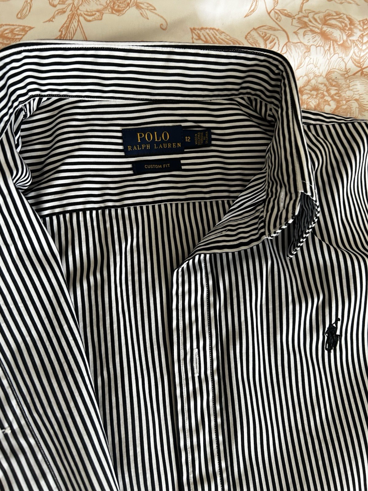 Polo Ralph Lauren Custom Fit Black/White Striped Dress Shirt Mens 12 LS