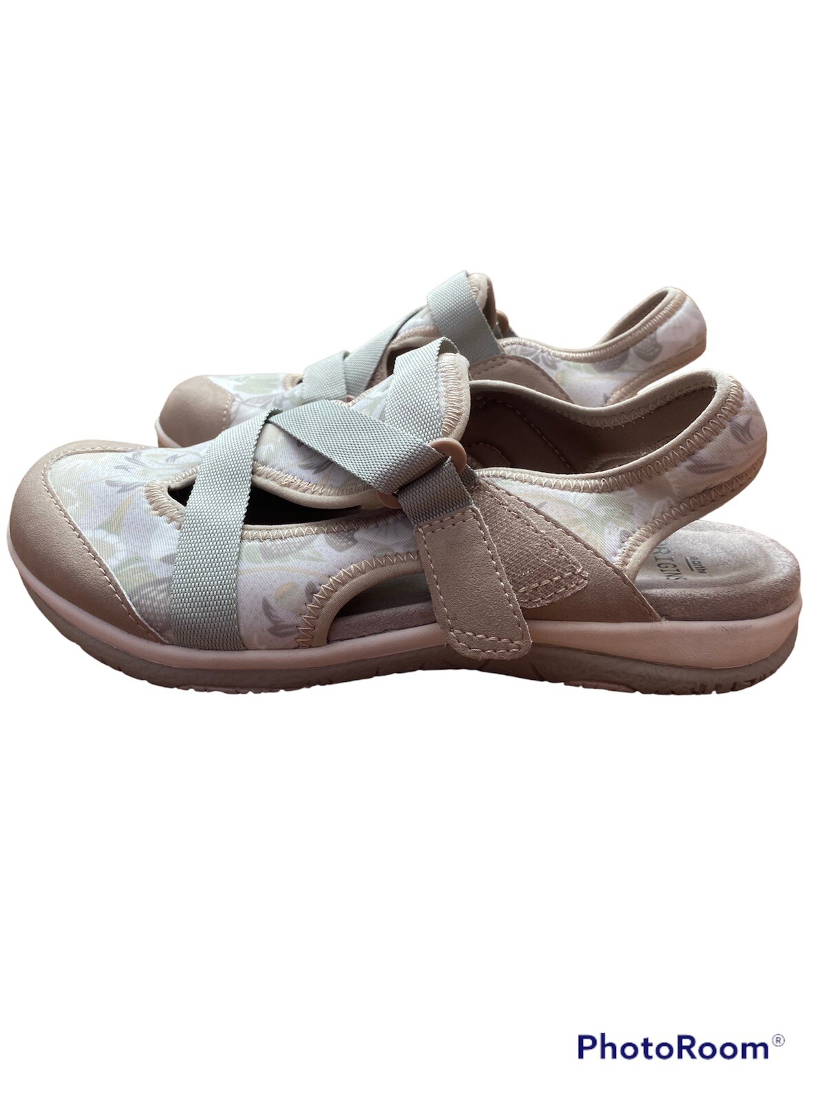 Womens Earth Origins Slip-On Adjustable Strap Size 7 Floral Cloth and Suede