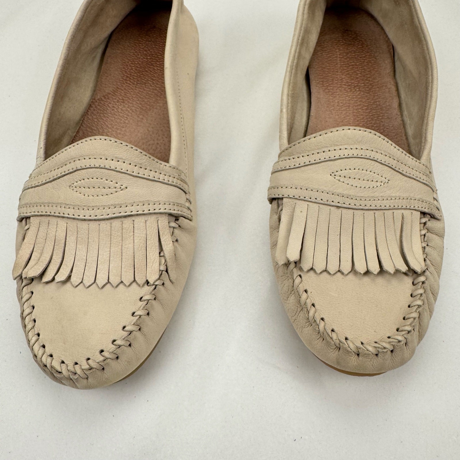 Fat Face Cream Suede Leather Fringe Loafers Flats Moccasins 8 Classic Preppy 41