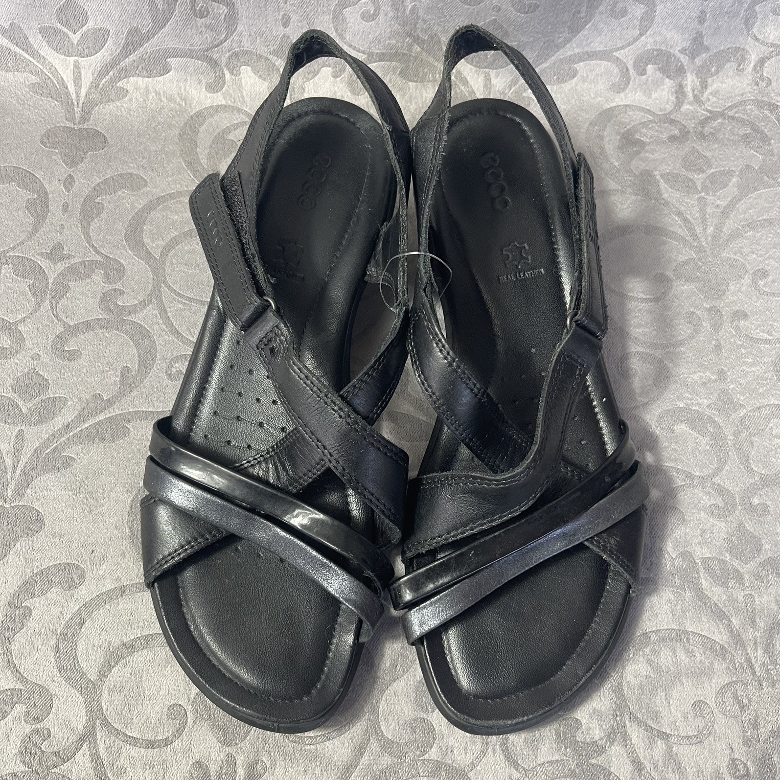 Ecco Black Leather Hoop & Loop Lightweight Strappy Sandals Sz 7.5