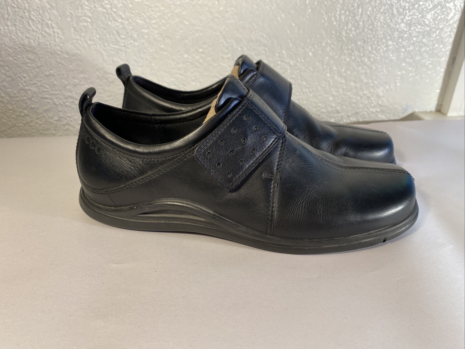 Ecco Shoes Womens Sz 38 Monk Strap Loafer Oxford Black Leather Hook Loop 13333
