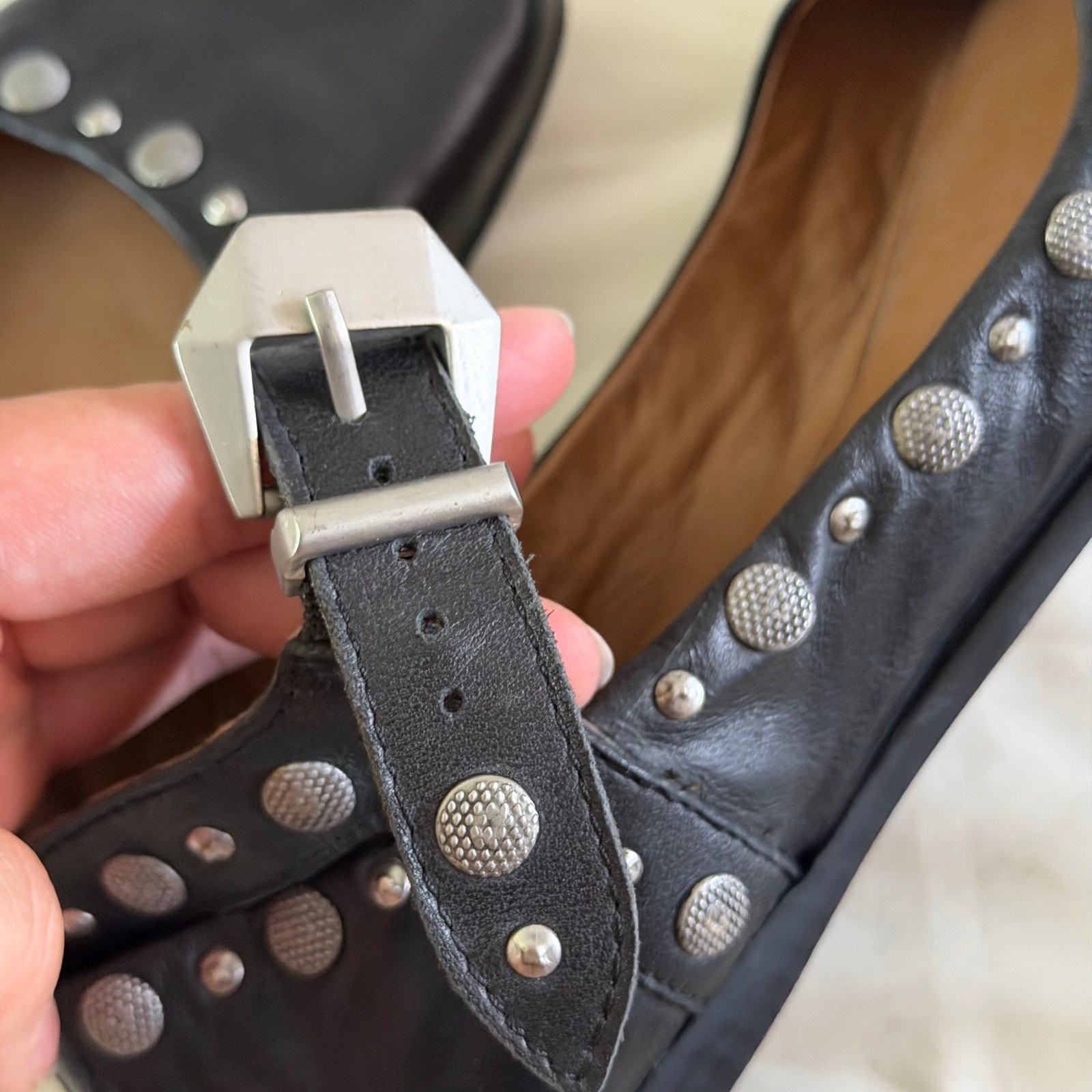 Free People Black Genuine Leather Studded Ankle Strap Flat 37 6.5 Fairy Grunge