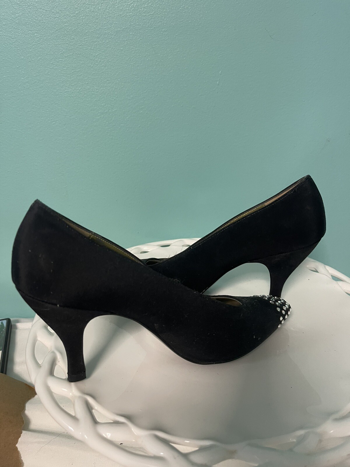 Women’s Jennifer Moore Dress Heels 8M N Black w White Rhinestone Trim