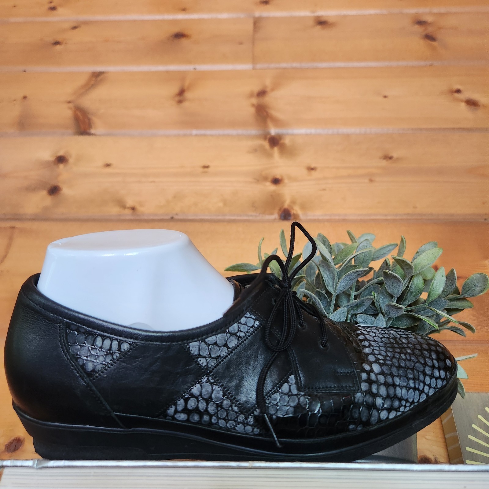 Waldlaufer Luftpolster Black Leather Diamond Snake Wedge Heel Oxford HTF Sz US 8