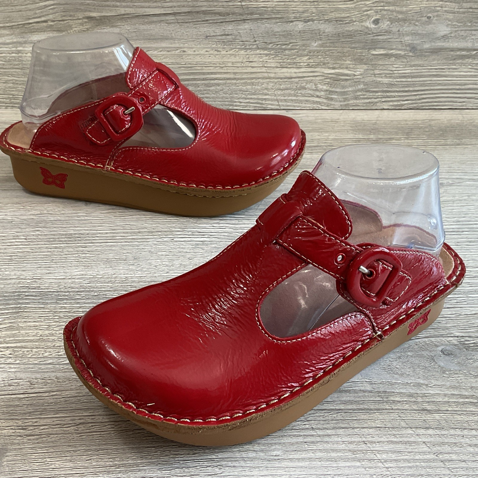 Alegria ALG-104 Womens 37 EU 7-7.5 US Red Patent Leather Buckle Mules Clogs