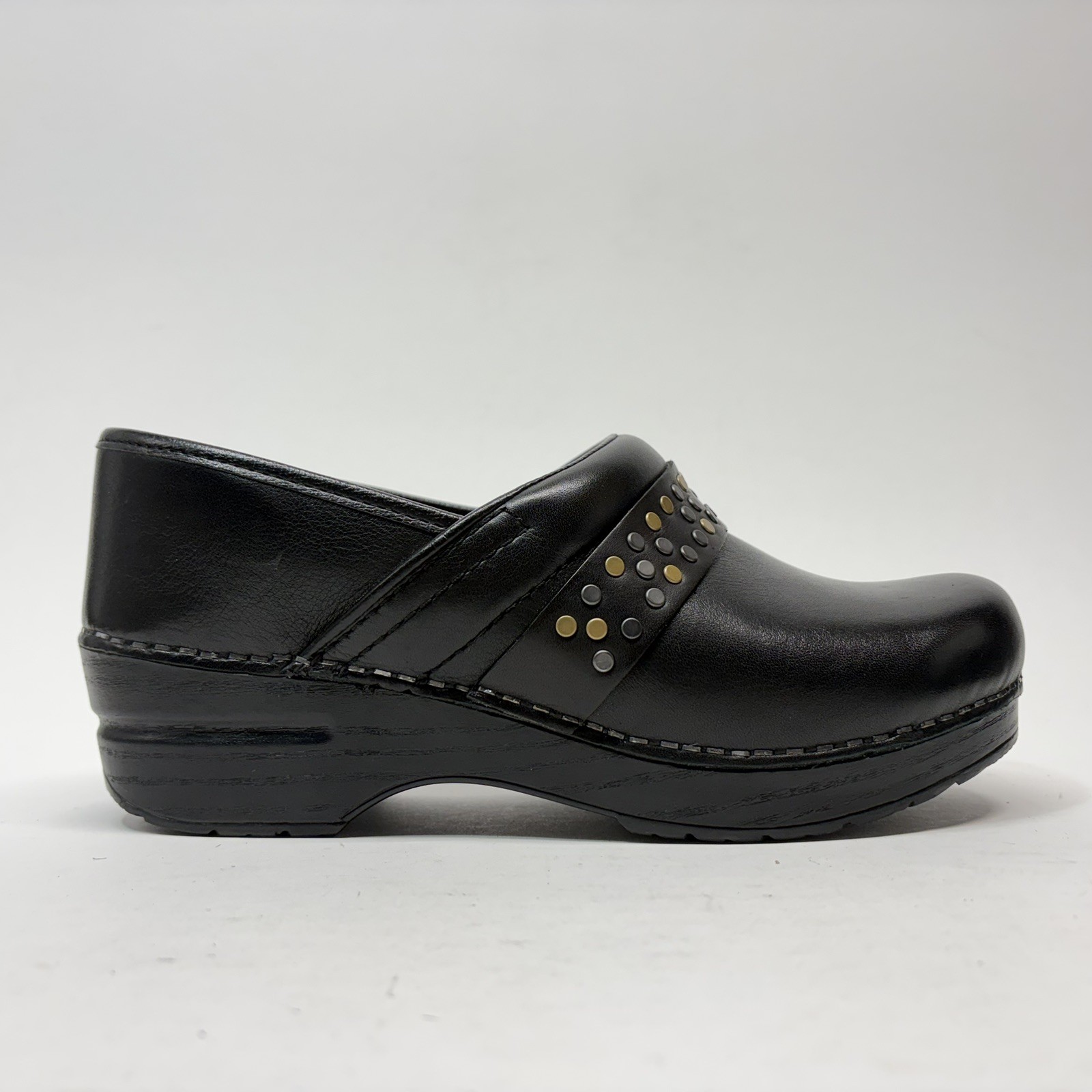 Dansko Pavan Clogs Black Leather Studded Strap Comfort Shoes Walking Size 38