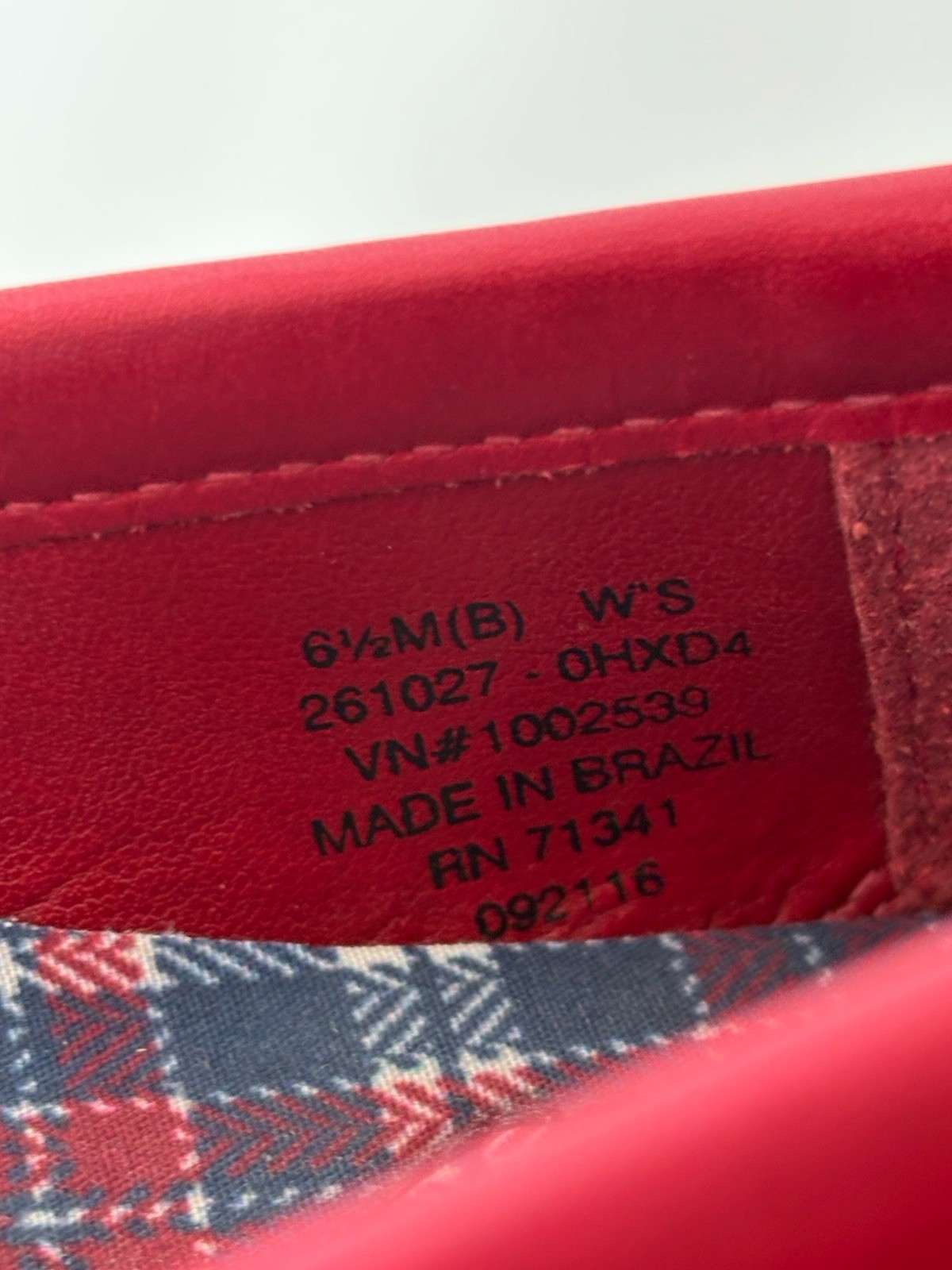 ll bean shoes Womans 6.5 M Red/White Stripe vinyl Shinny Slip On’s Plaid Linning