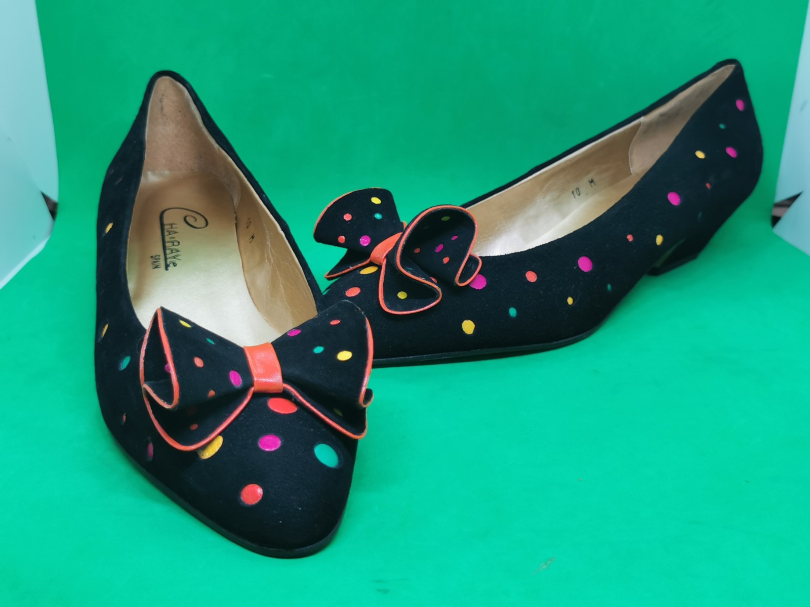 Deadstock Vtg 80’s 90’s Cha-Raye Spain Low Pumps Heel Dot Colorful Suede RARE 10