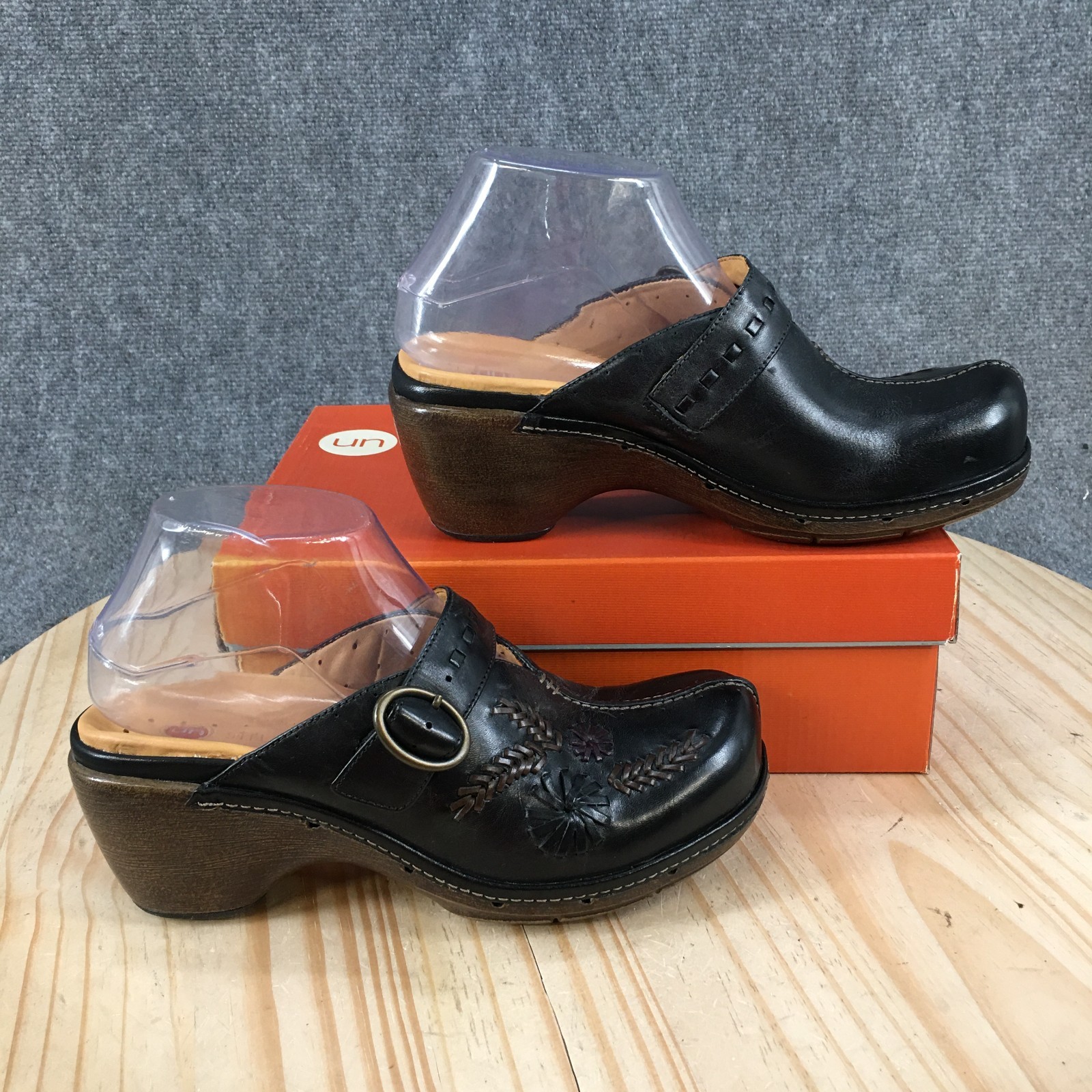 Clarks Unstructured Shoes Womens 7 M Slip On Wedge Mule Clogs Black Leather NEW