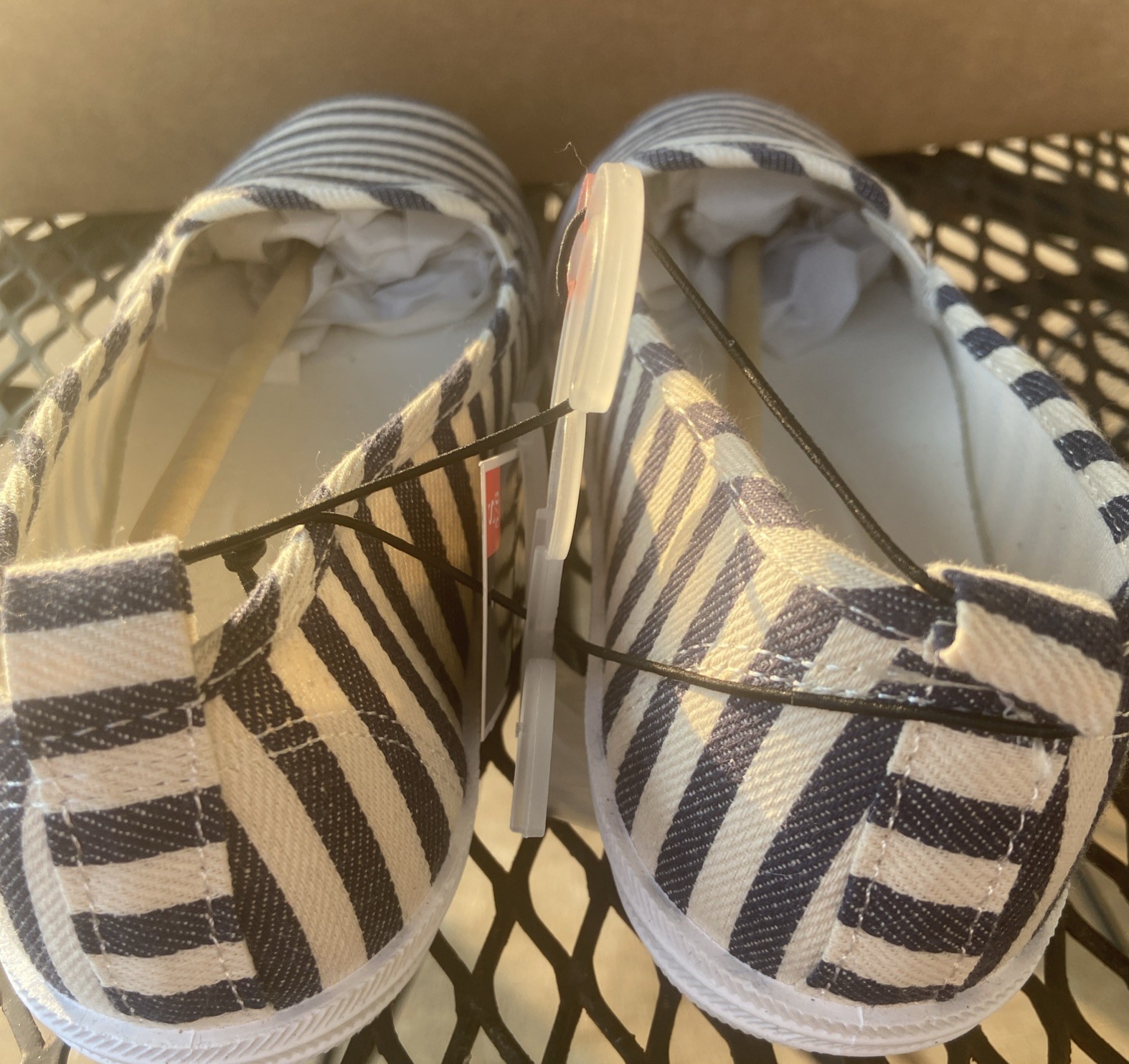 West Loop Navy White Canvas Stripe Small 5/6 Women’s Slip On Memory Foam Shoes