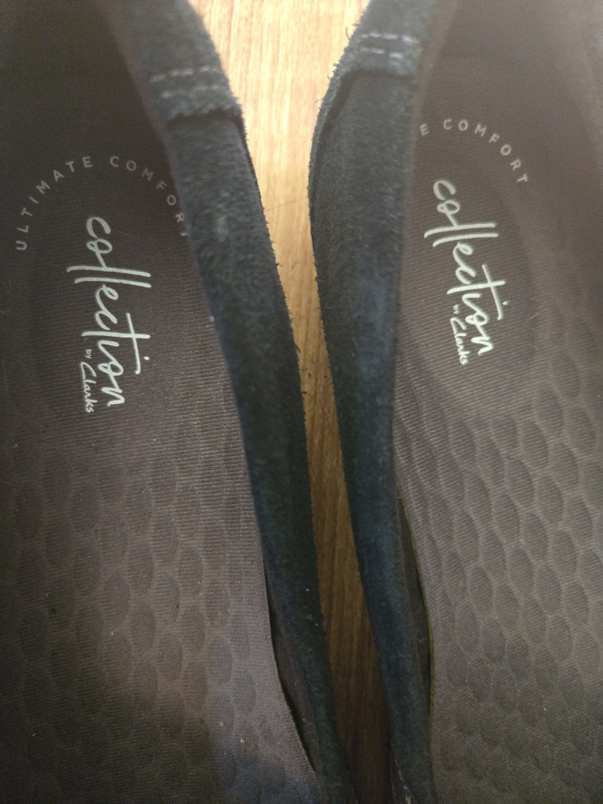black suede Clarks Haley Jay slip-on comfort flats, crisscross elastic Straps