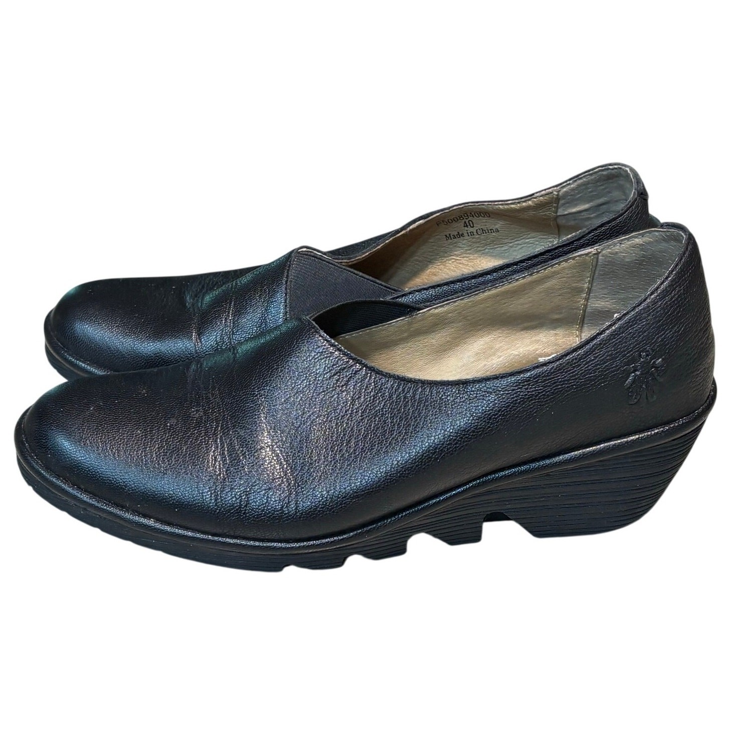 Fly London Black Peso Wedge Classic Comfort Leather Slip on Shoes Size 40