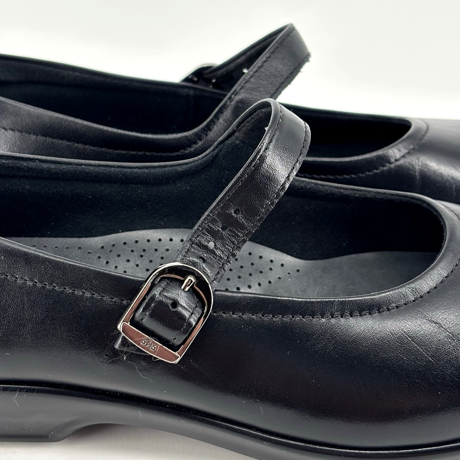 SAS Maria Black Mary Jane Comfort Shoes Leather Adjustable Strap Tripad 8.5M New
