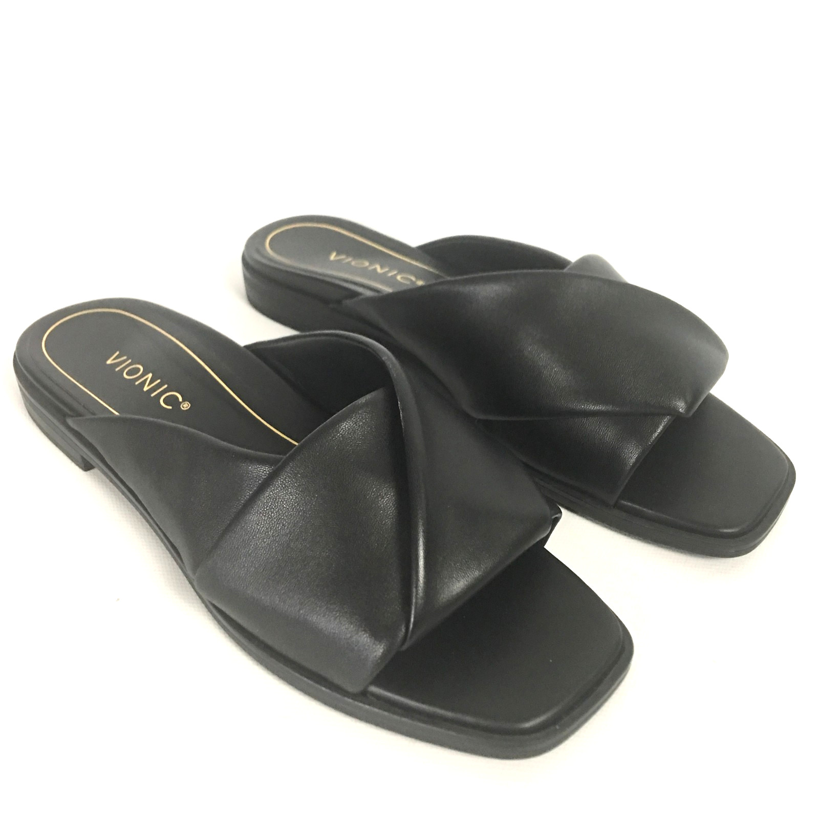 Vionic Poppy Miramar Slide Womens 8 Black Nappa Leather Comfort Sandal 38.5