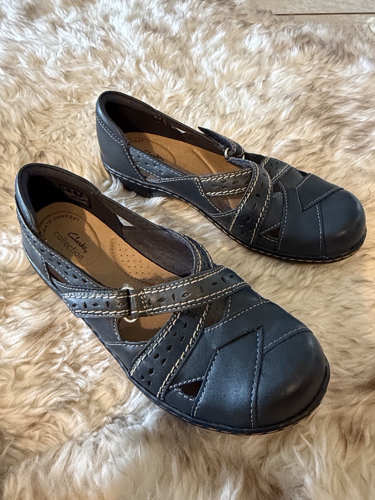 Clarks Womens Ashland Spin navy Shoes mary jane slip ons cushion 6 leather