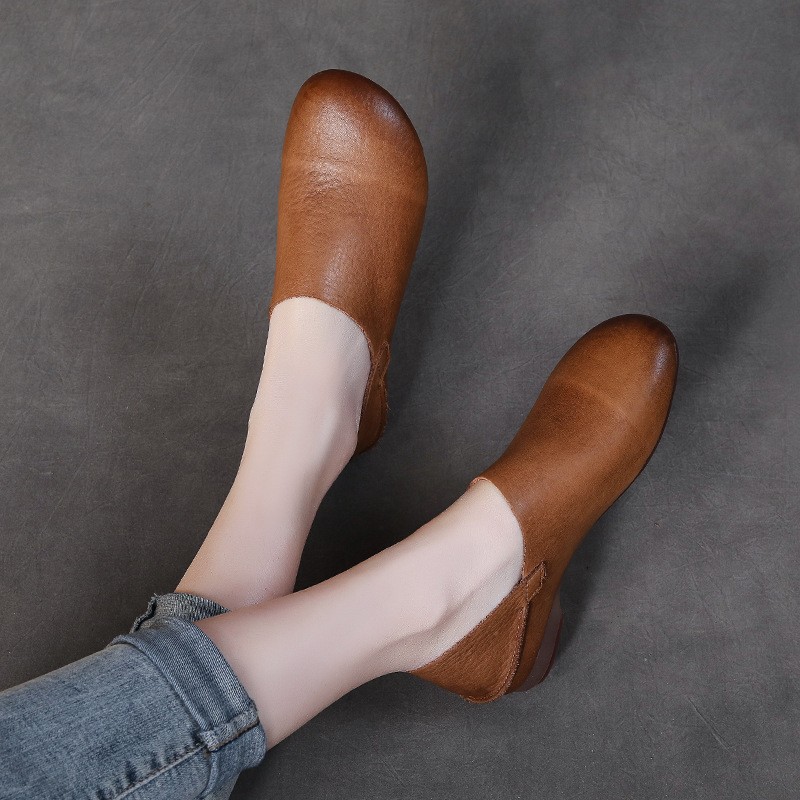 Women Retro Flat Slip on Loafer Genuine Real Leather Shoe Moccasins Slip On Lady