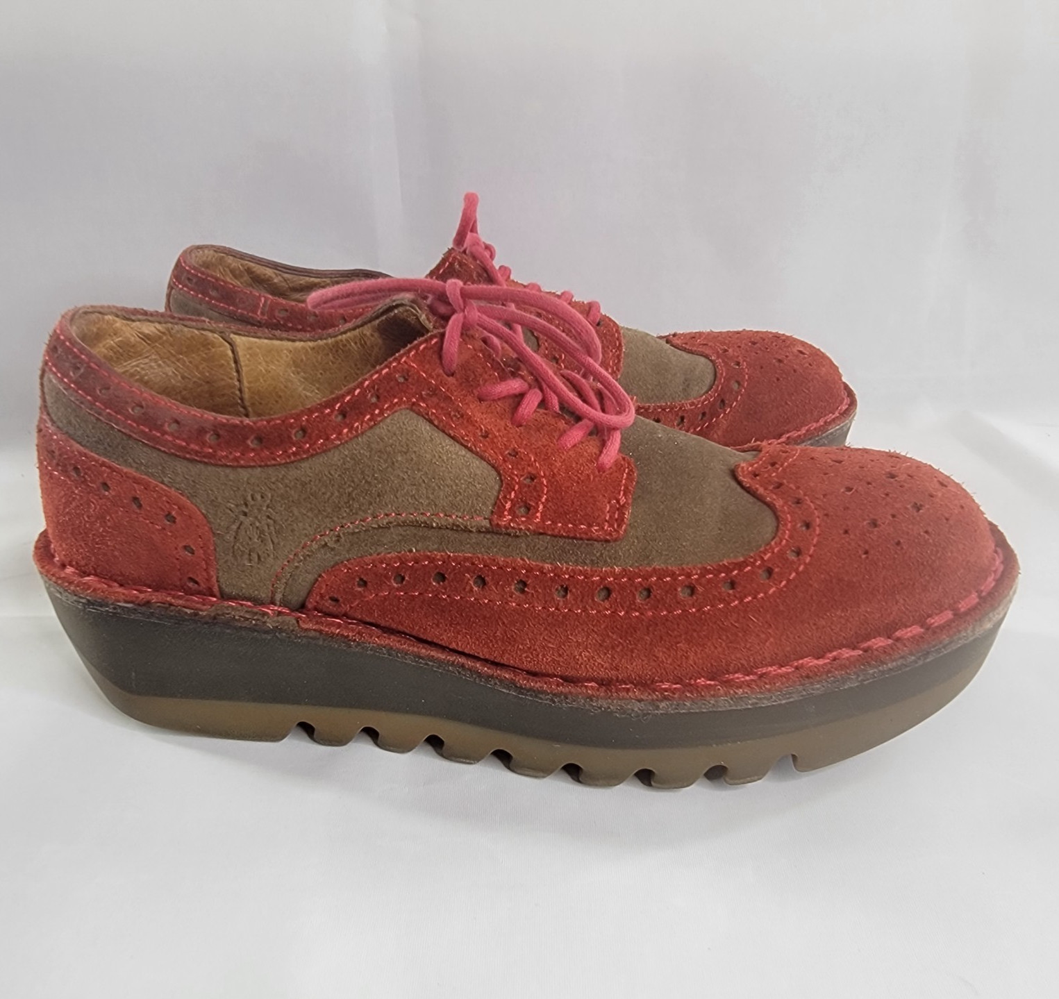 Fly London Jane Leather Oxford Lace Up Chunky Lug Sole Shoes Size 37 Red Sand