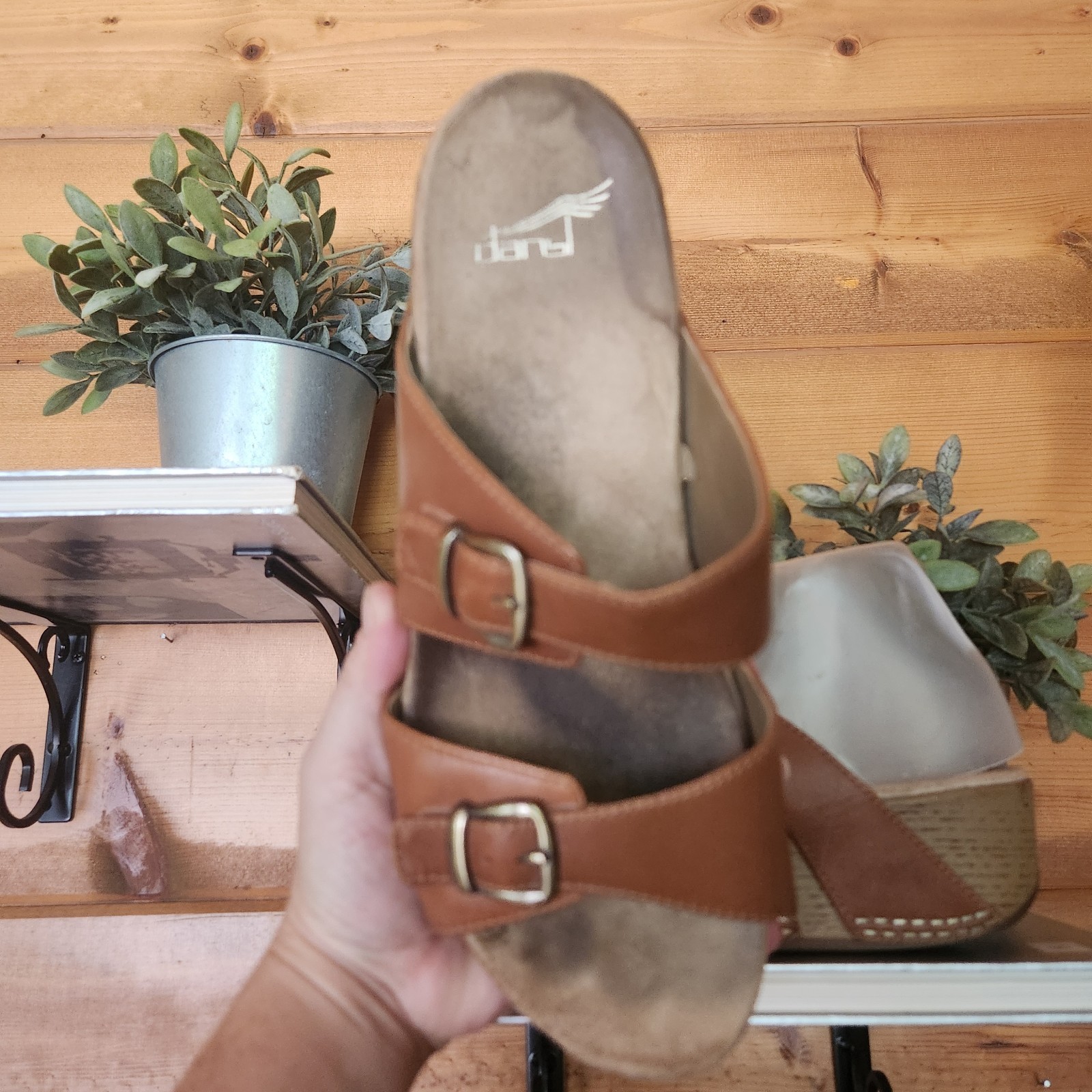 Dansko Leeann Chestnut Leather Adjustable Slide Comfort Wedge Heel Sandal Sz 39
